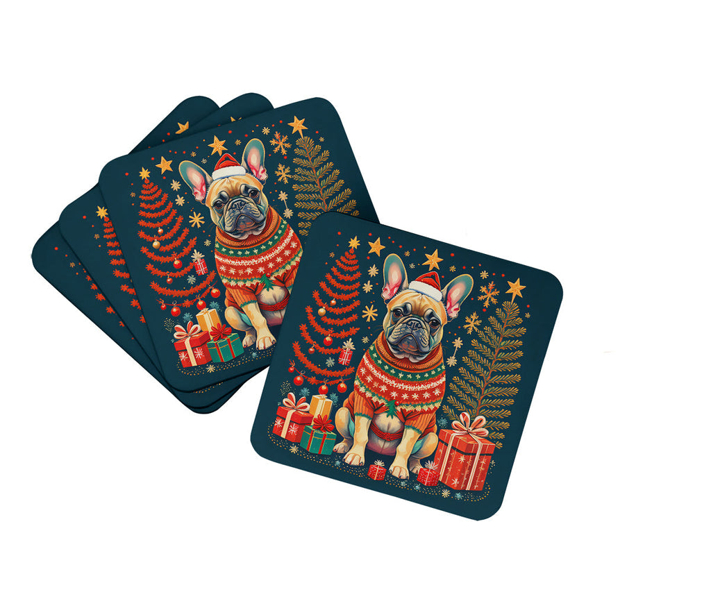 Fawn French Bulldog Christmas Foam Coasters Set of 4 Cup Coasters for Indoor Outdoor, Tabletop Protection, Anti Slip, Mouse pad Material