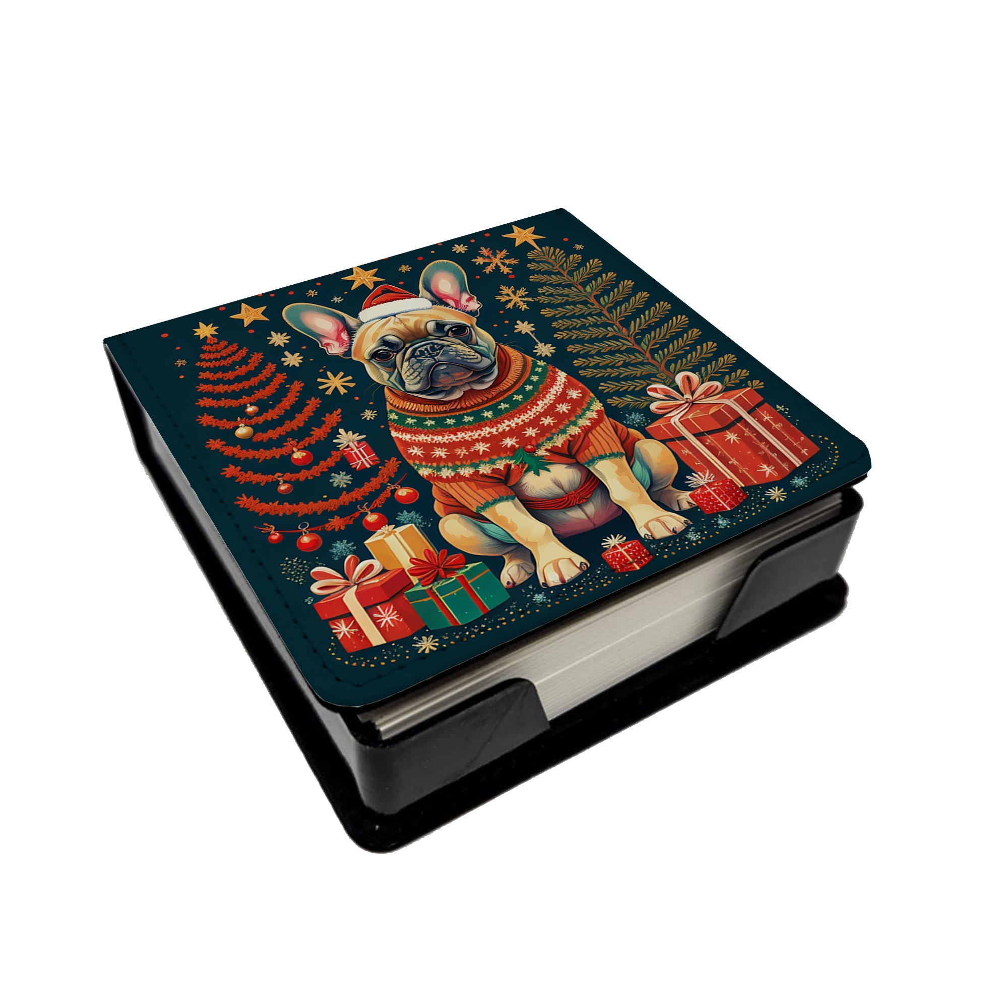 Fawn French Bulldog Christmas PU Leather Note Paper Holder with Artist-Designed Cover, Desk Accessory, Office Gift