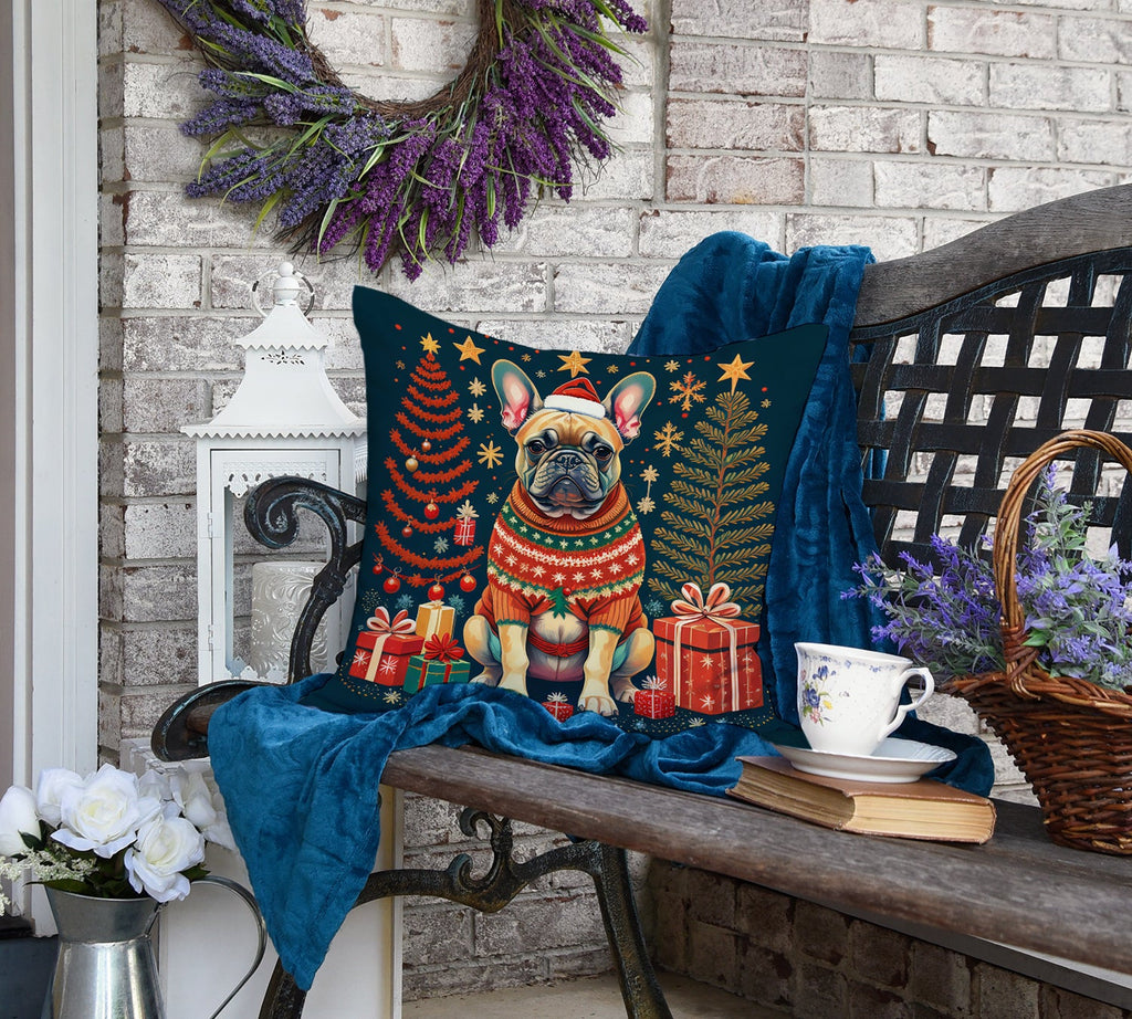 Fawn French Bulldog Christmas Decorative Throw Pillow 18x18 Indoor Outdoor Accent Cushion, Fabric Cover with Insert for Sofa, Bed, Porch & Living Room