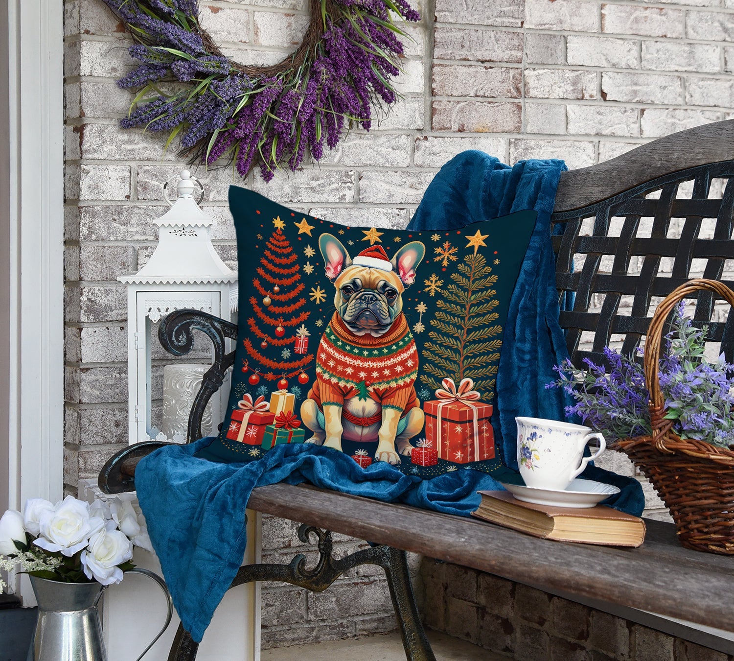 Fawn French Bulldog Christmas Decorative Throw Pillow 18x18 Indoor Outdoor Accent Cushion, Fabric Cover with Insert for Sofa, Bed, Porch & Living Room