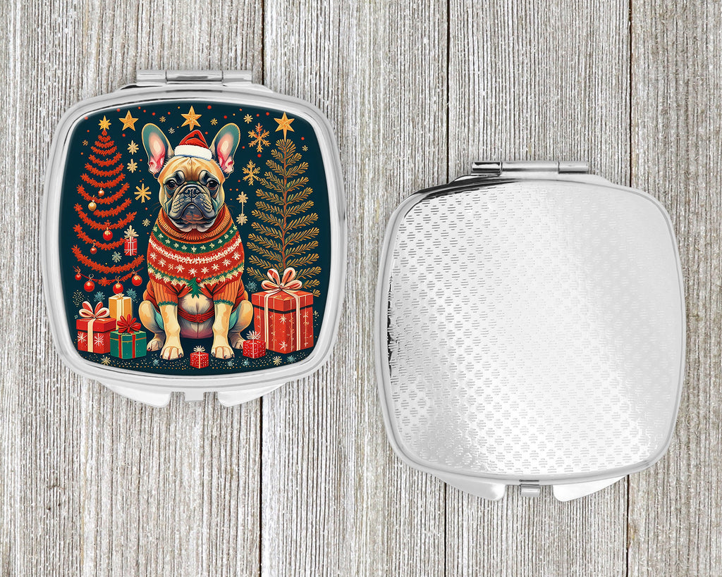 Fawn French Bulldog Christmas Compact Mirror Decorative Travel Makeup Mirror for Women Girls Gifts Pocket Makeup Mirror Folding Handheld