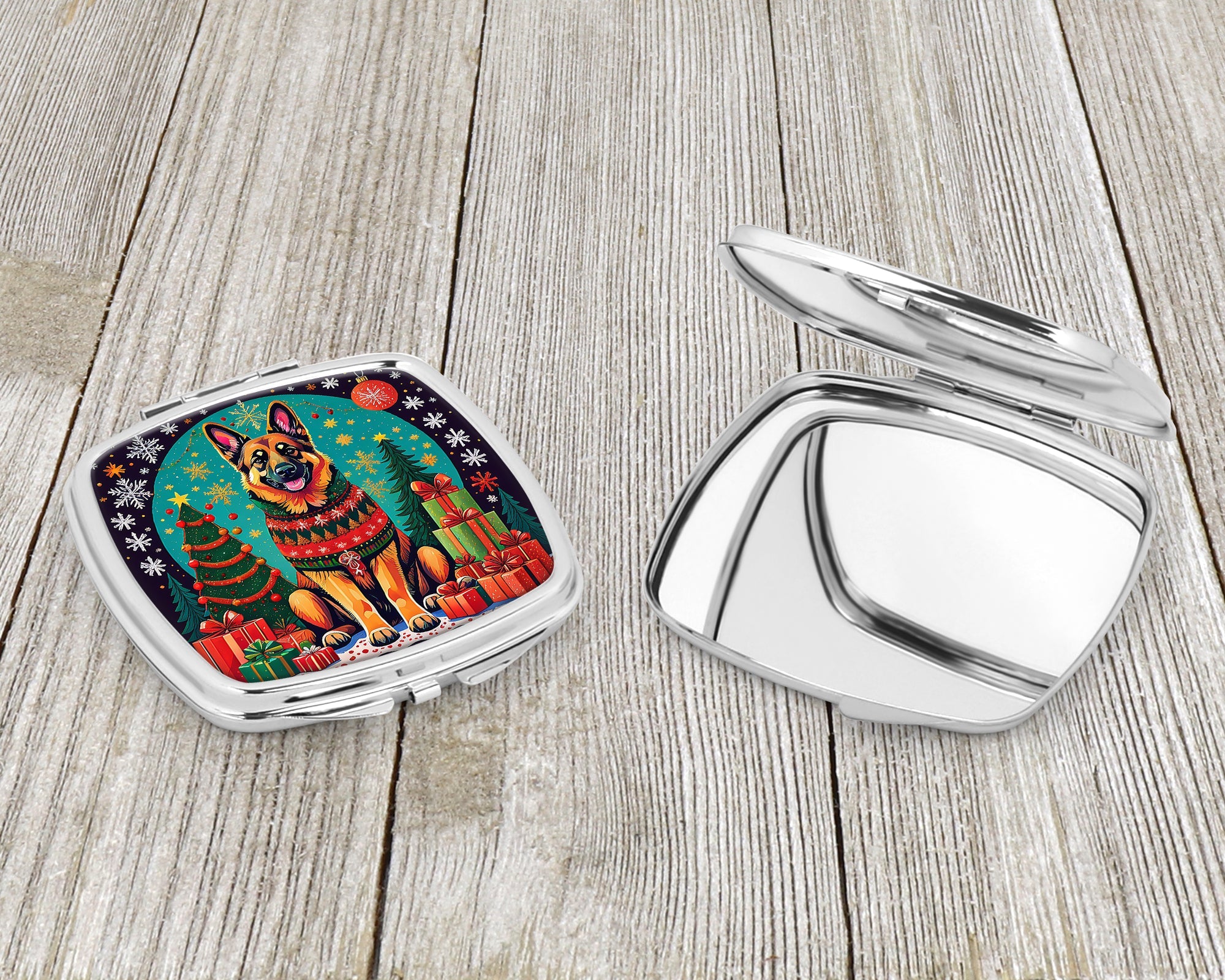 German Shepherd Christmas Compact Mirror Decorative Travel Makeup Mirror for Women Girls Gifts Pocket Makeup Mirror Folding Handheld