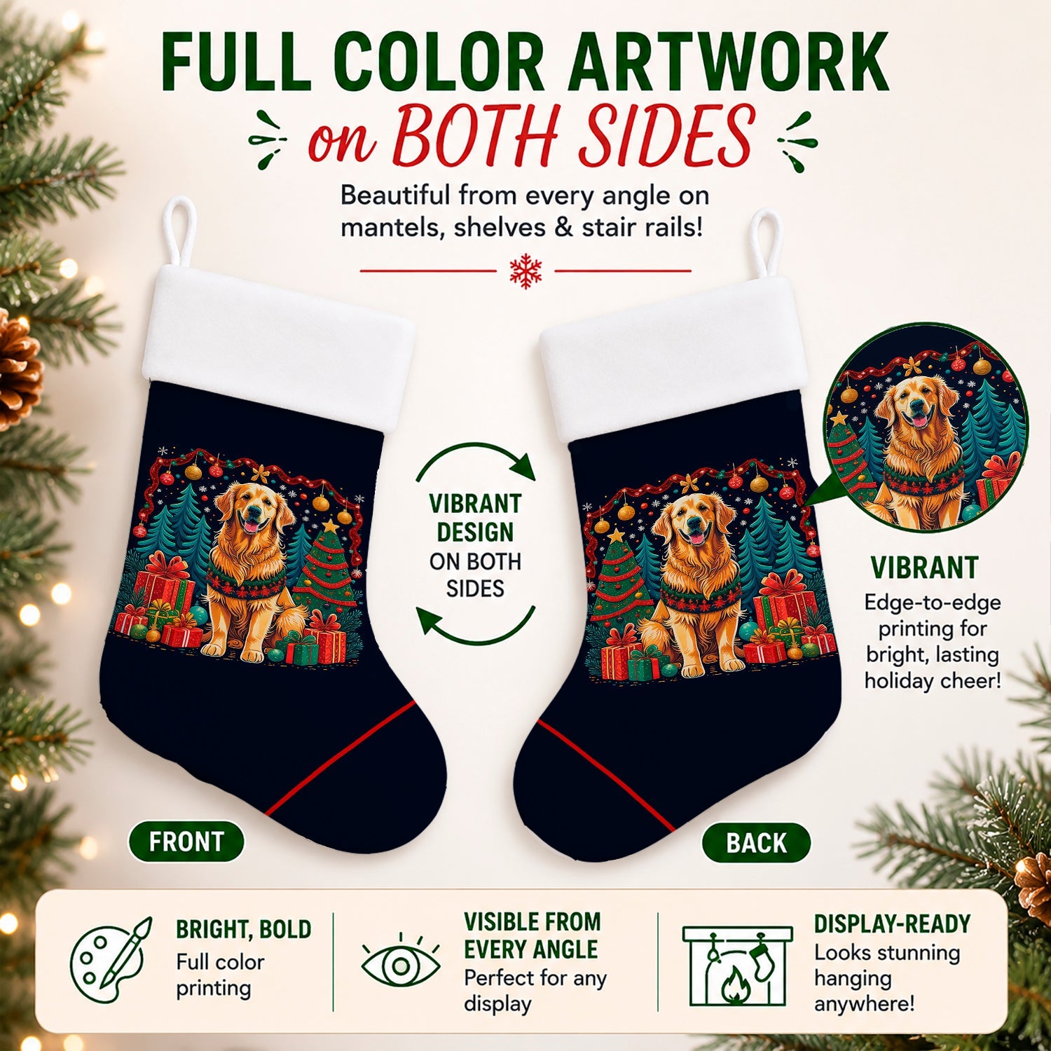 Golden Retriever Christmas Holiday Stocking Double-Sided Print, Polyester Suede,11x18, Made in USA