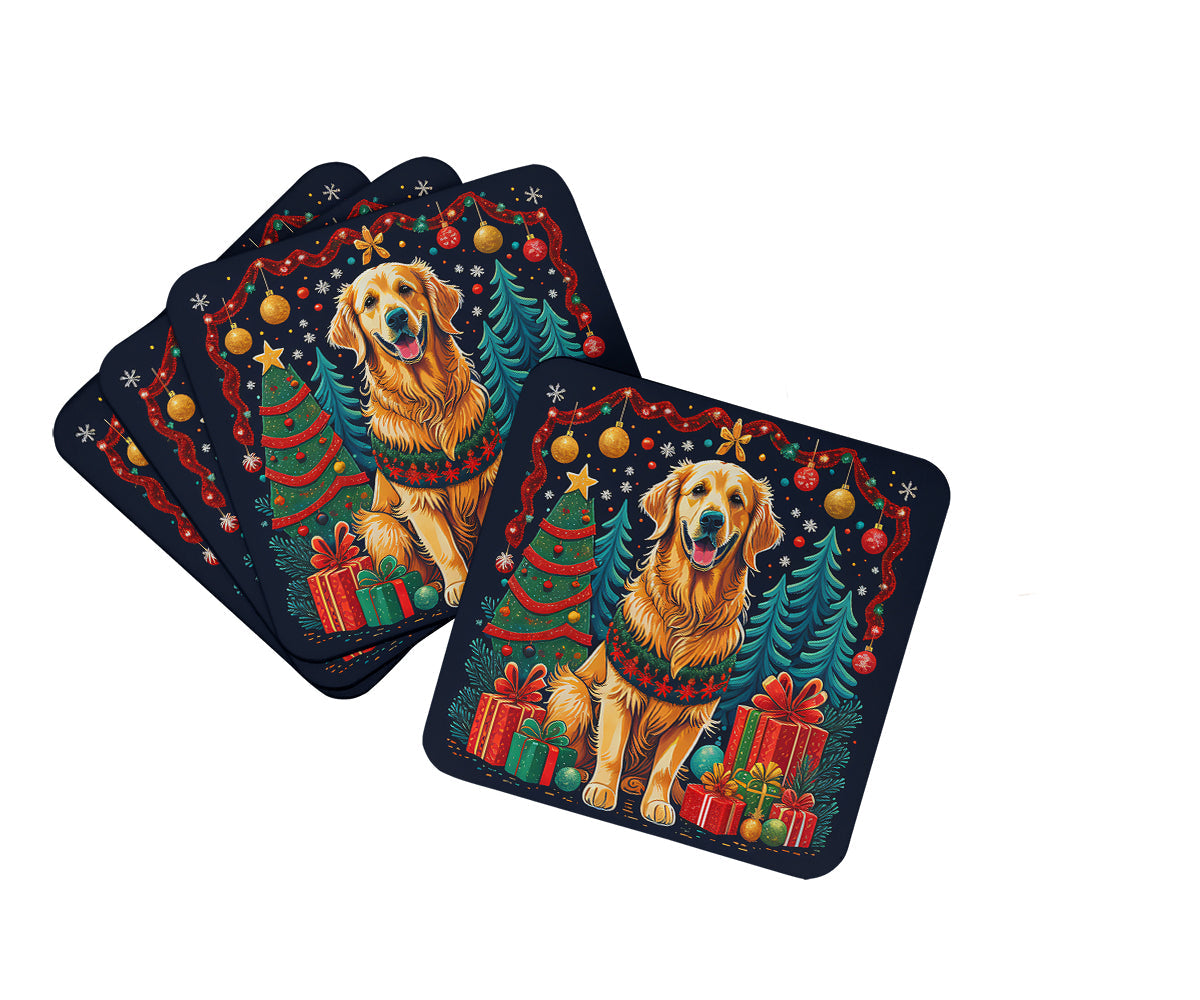 Golden Retriever Christmas Foam Coasters Set of 4 Cup Coasters for Indoor Outdoor, Tabletop Protection, Anti Slip, Mouse pad Material