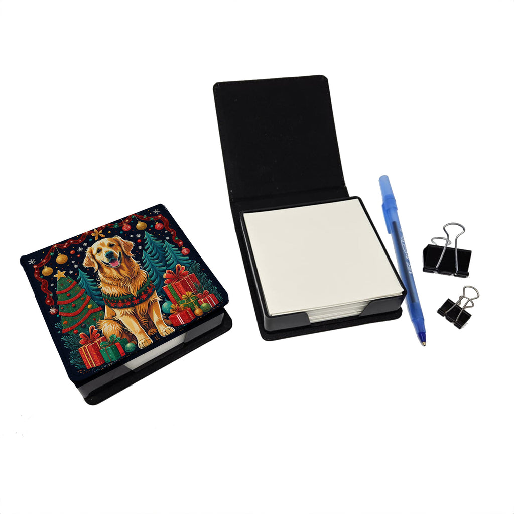 Golden Retriever Christmas PU Leather Note Paper Holder with Artist-Designed Cover, Desk Accessory, Office Gift