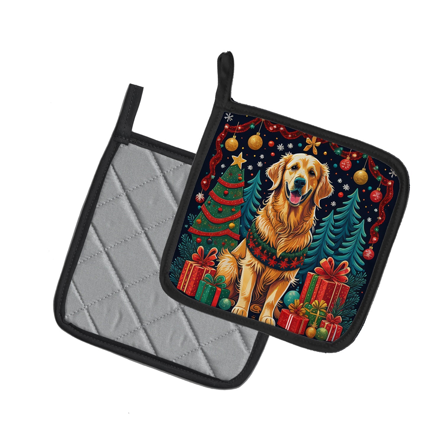 Golden Retriever Christmas Pot Holder Set of 2 Heat Resistant Quilted Hot Pads 7.5 x 7.5 Inch, Insulated Kitchen Trivets for Cooking & Baking