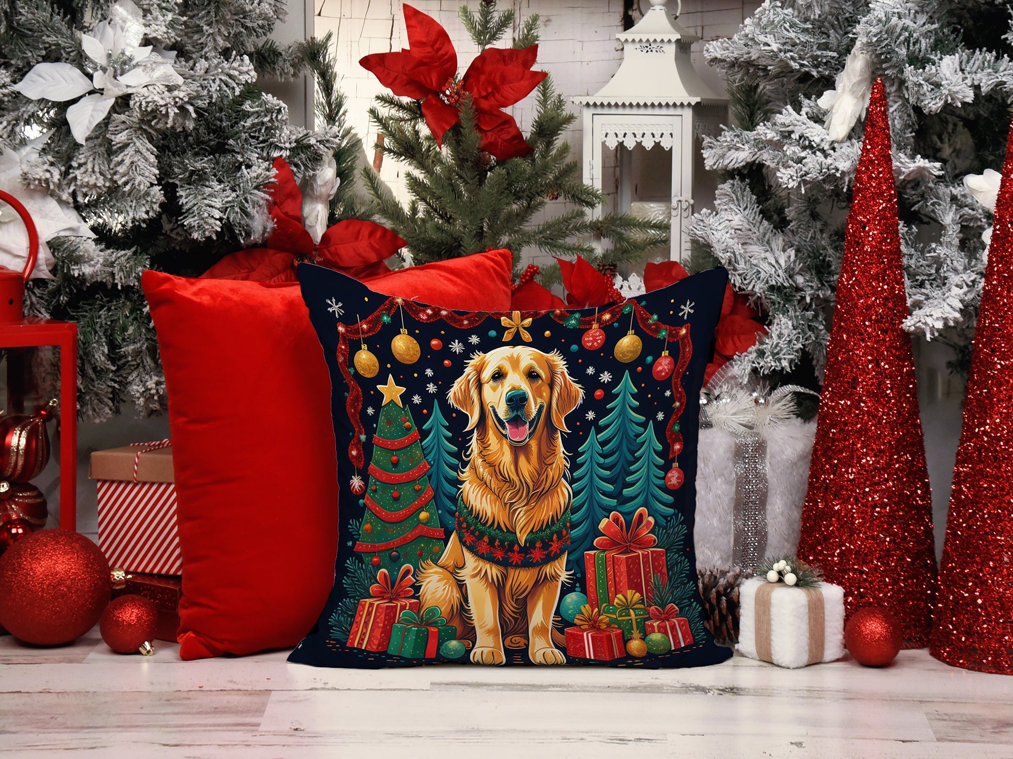 Golden Retriever Christmas Decorative Throw Pillow 14x14 Indoor Outdoor Accent Cushion, Fabric Cover with Insert for Sofa, Bed, Porch & Living Room