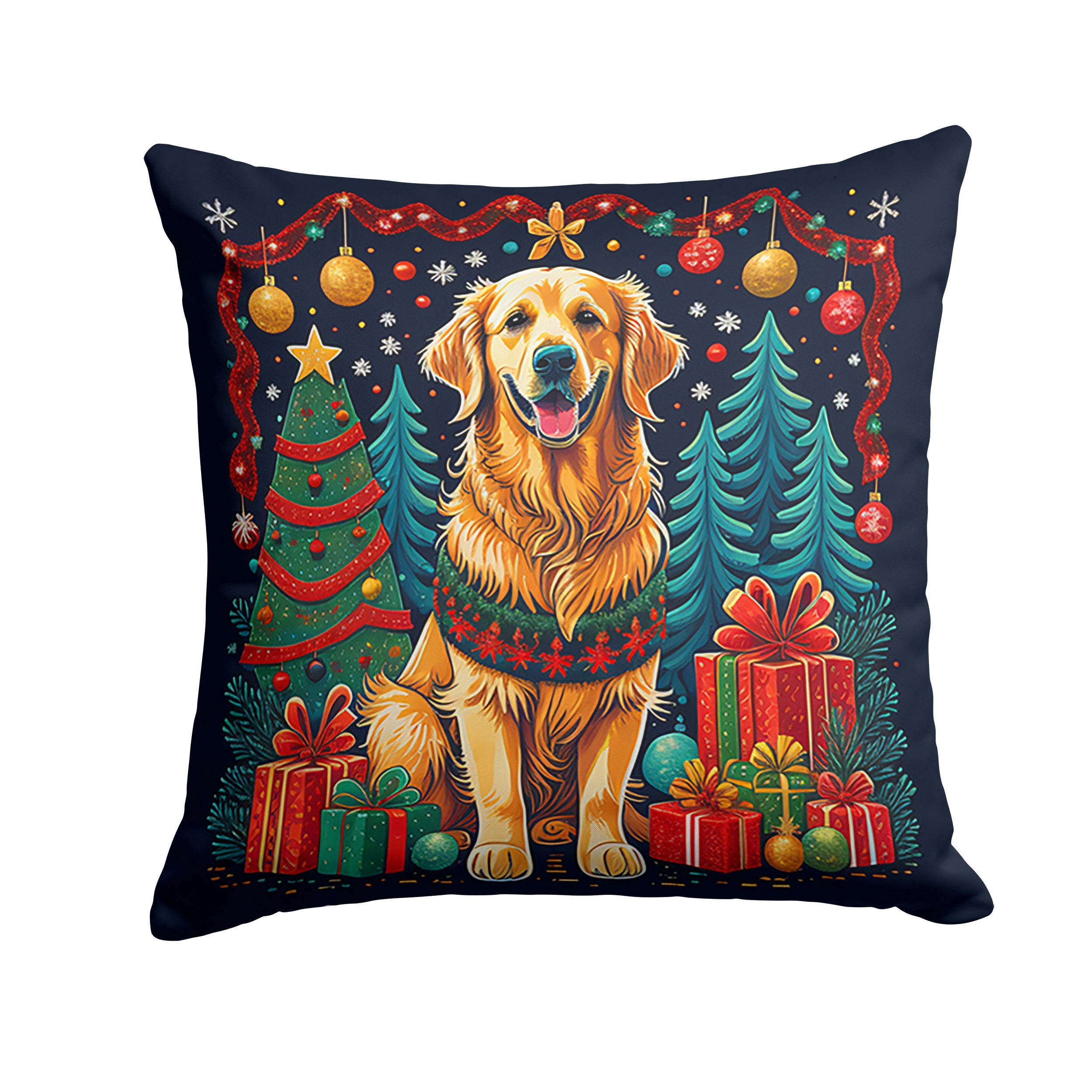 Golden Retriever Christmas Decorative Throw Pillow 18x18 Indoor Outdoor Accent Cushion, Fabric Cover with Insert for Sofa, Bed, Porch & Living Room