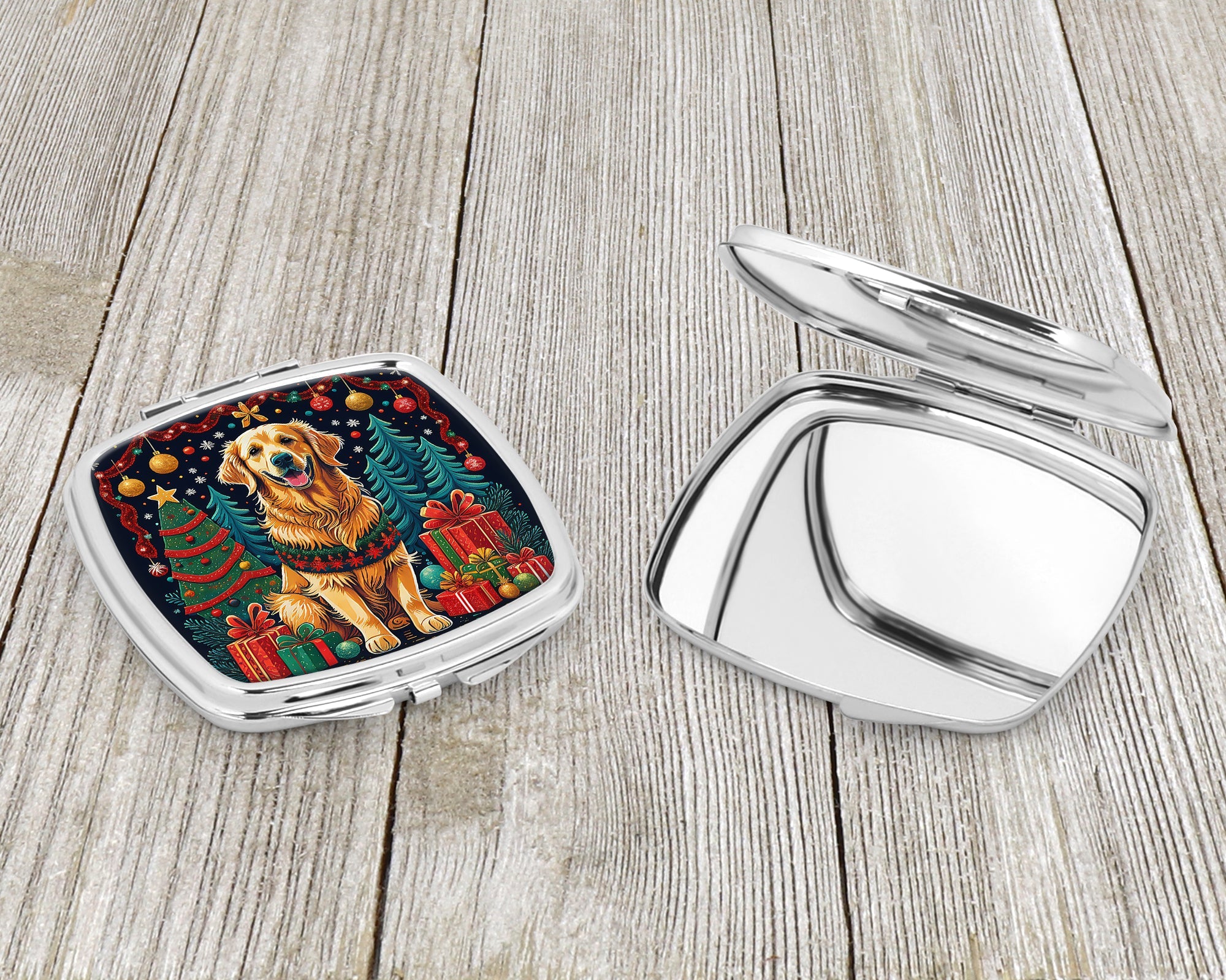 Golden Retriever Christmas Compact Mirror Decorative Travel Makeup Mirror for Women Girls Gifts Pocket Makeup Mirror Folding Handheld