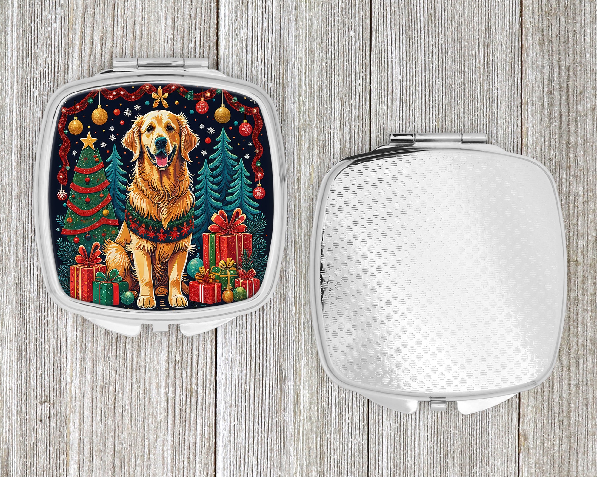 Golden Retriever Christmas Compact Mirror Decorative Travel Makeup Mirror for Women Girls Gifts Pocket Makeup Mirror Folding Handheld
