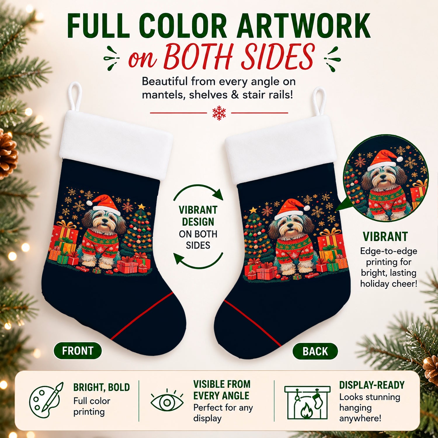 Havanese Christmas Holiday Stocking Double-Sided Print, Polyester Suede,11x18, Made in USA