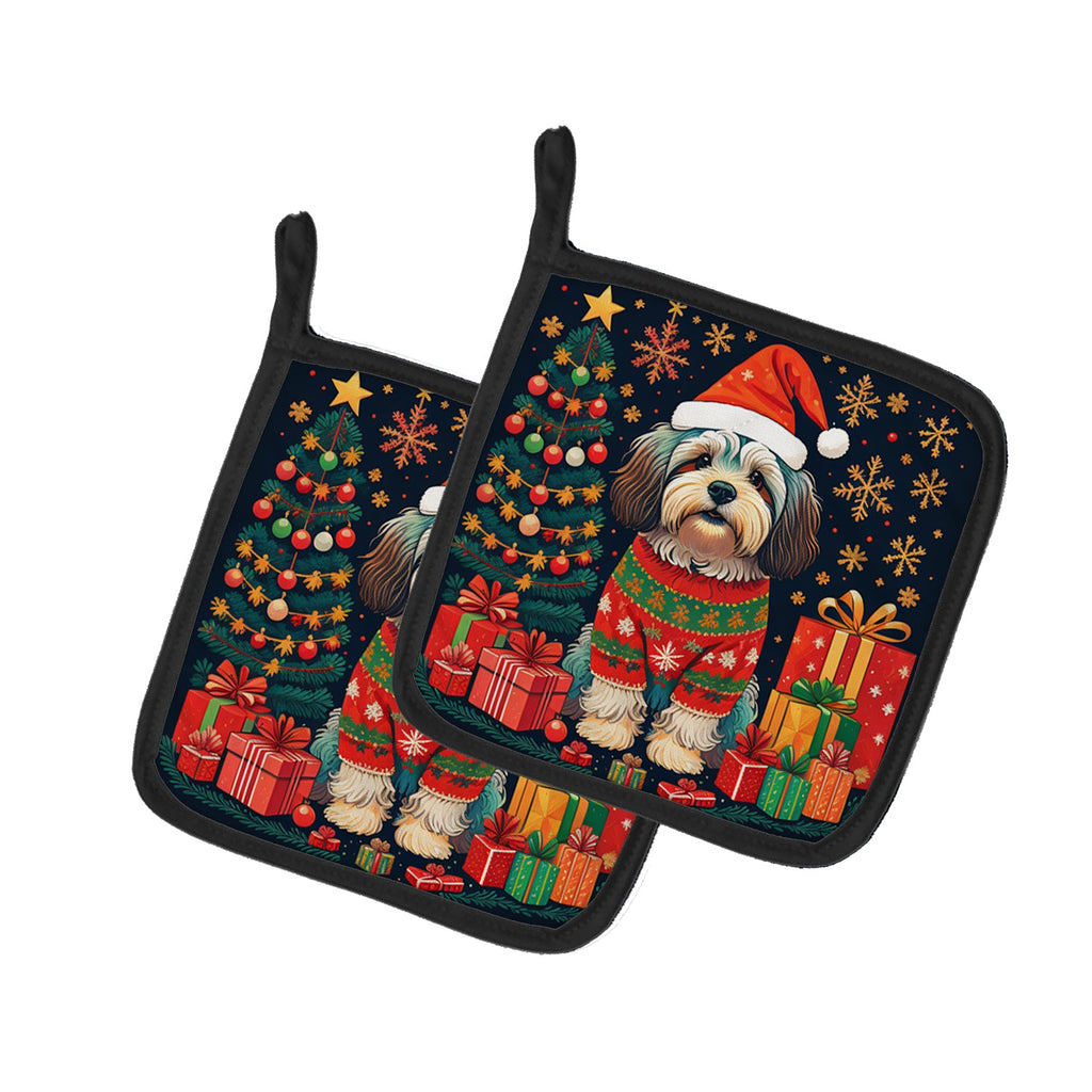 Havanese Christmas Pot Holder Set of 2 Heat Resistant Quilted Hot Pads 7.5 x 7.5 Inch, Insulated Kitchen Trivets for Cooking & Baking