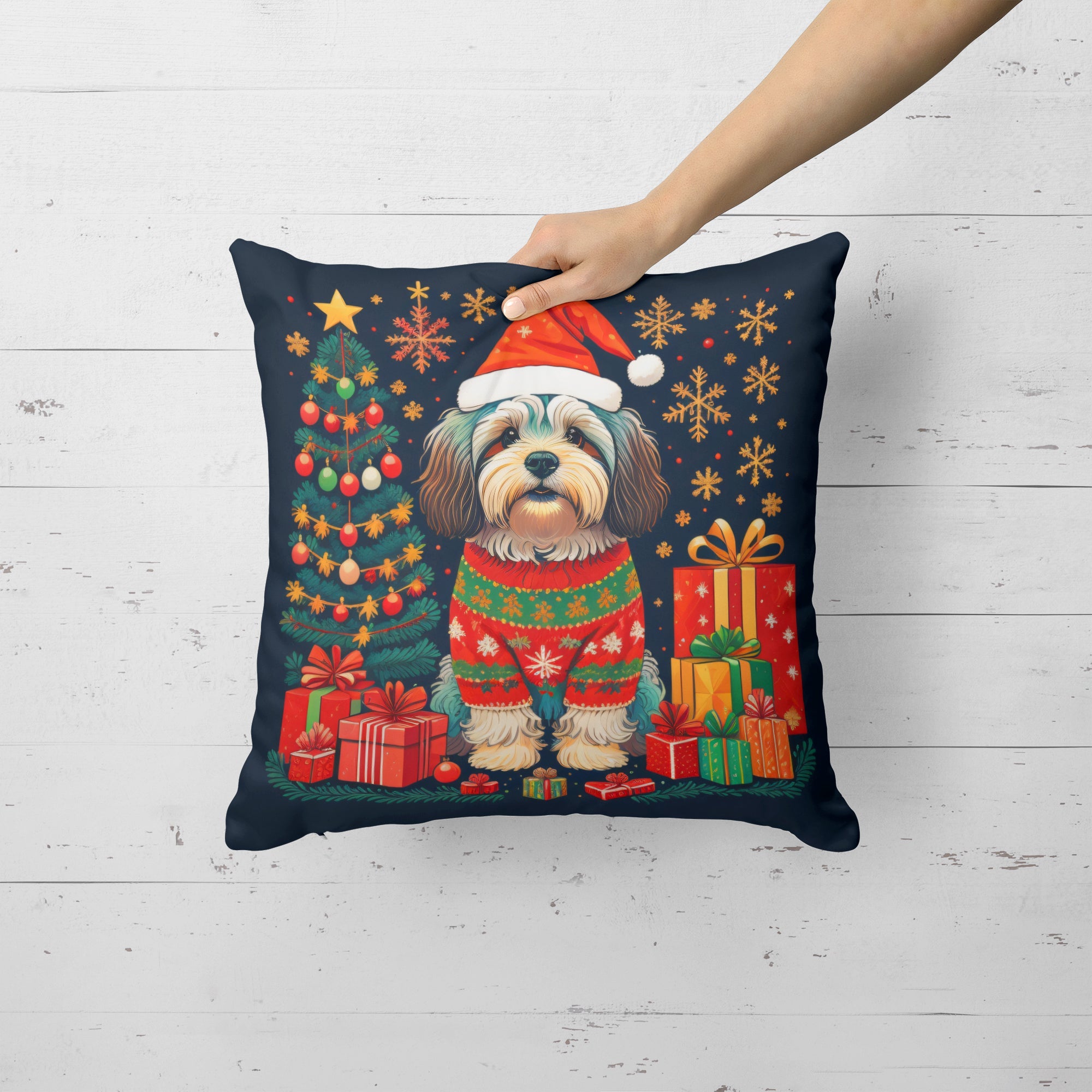 Havanese Christmas Decorative Throw Pillow 14x14 Indoor Outdoor Accent Cushion, Fabric Cover with Insert for Sofa, Bed, Porch & Living Room