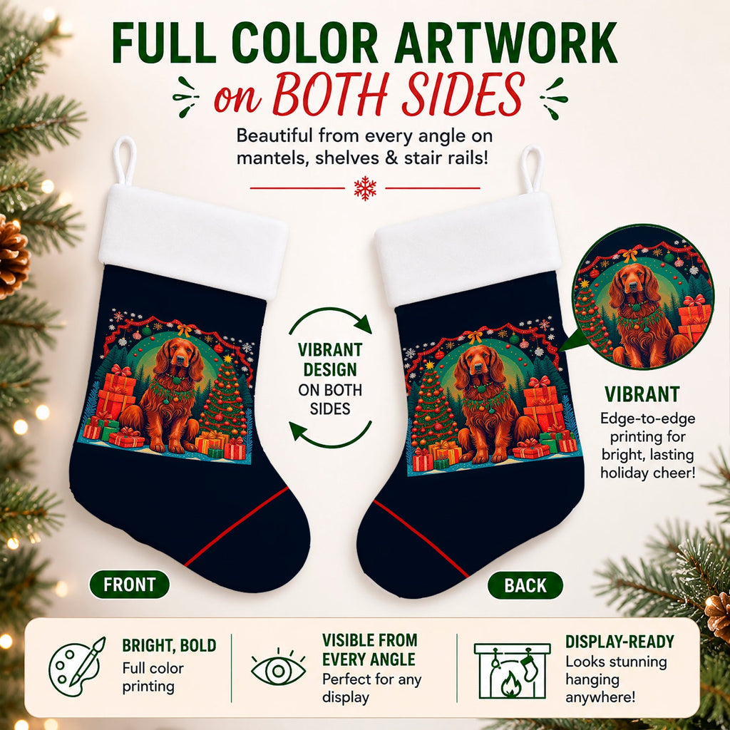 Irish Setter Christmas Holiday Stocking Double-Sided Print, Polyester Suede,11x18, Made in USA