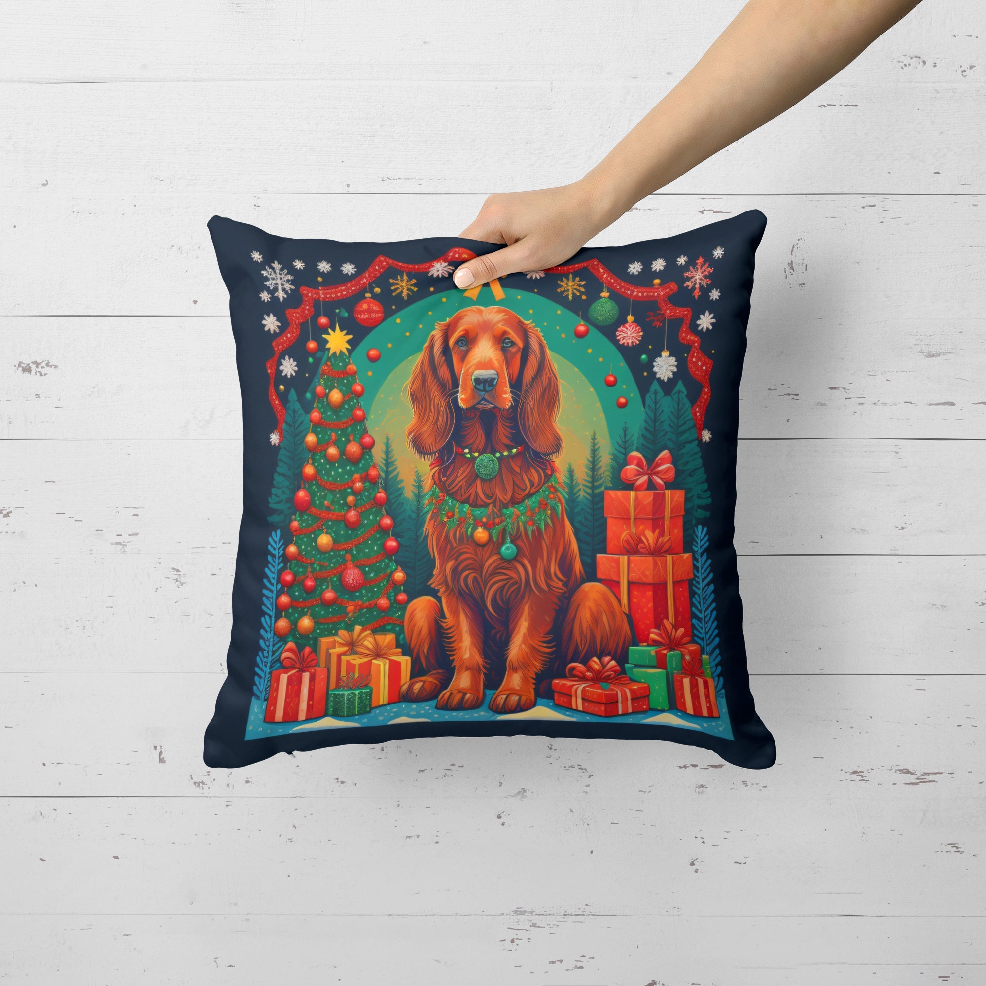 Irish Setter Christmas Decorative Throw Pillow 14x14 Indoor Outdoor Accent Cushion, Fabric Cover with Insert for Sofa, Bed, Porch & Living Room