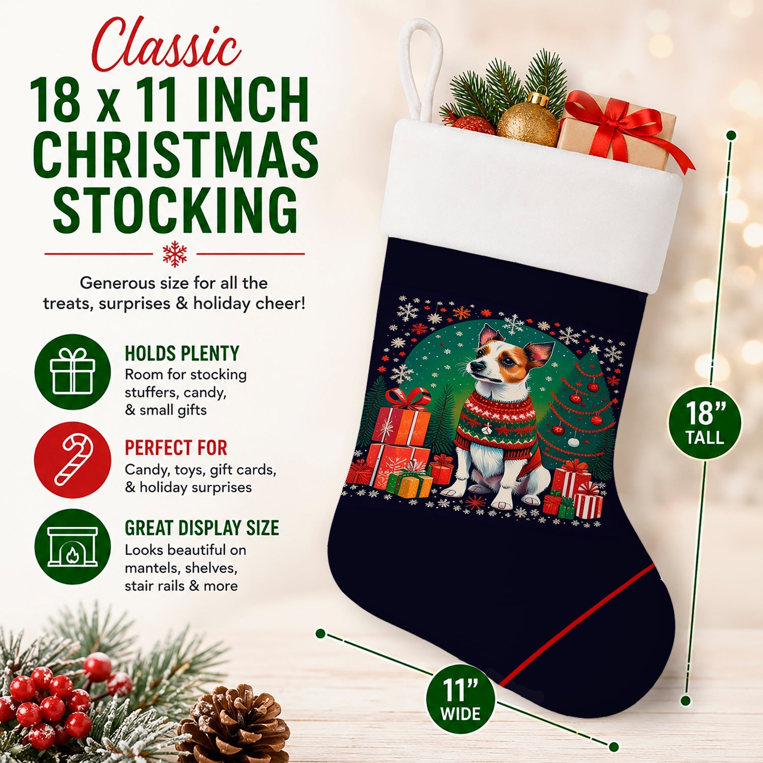 Jack Russell Terrier Christmas Holiday Stocking Double-Sided Print, Polyester Suede,11x18, Made in USA