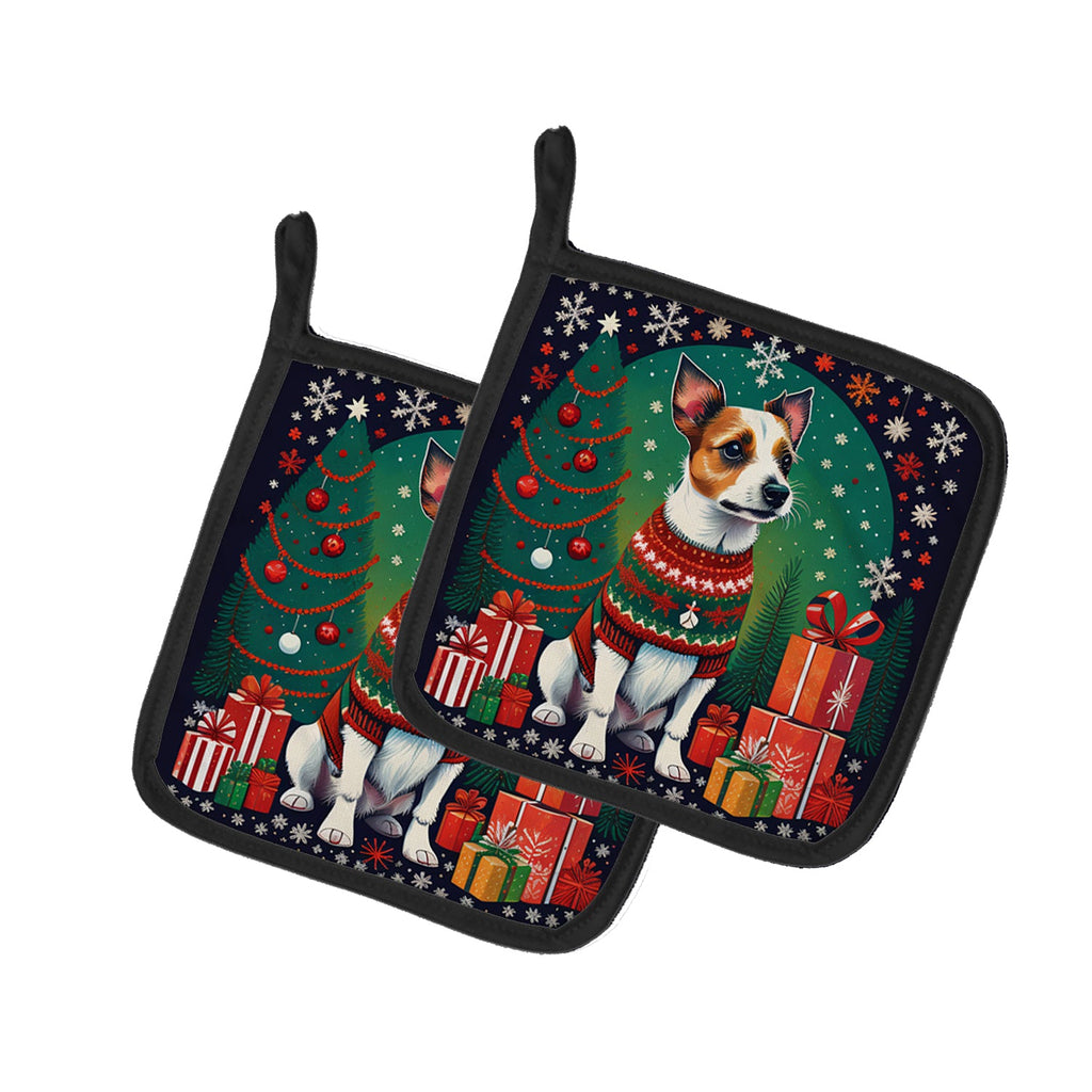 Jack Russell Terrier Christmas Pot Holder Set of 2 Heat Resistant Quilted Hot Pads 7.5 x 7.5 Inch, Insulated Kitchen Trivets for Cooking & Baking