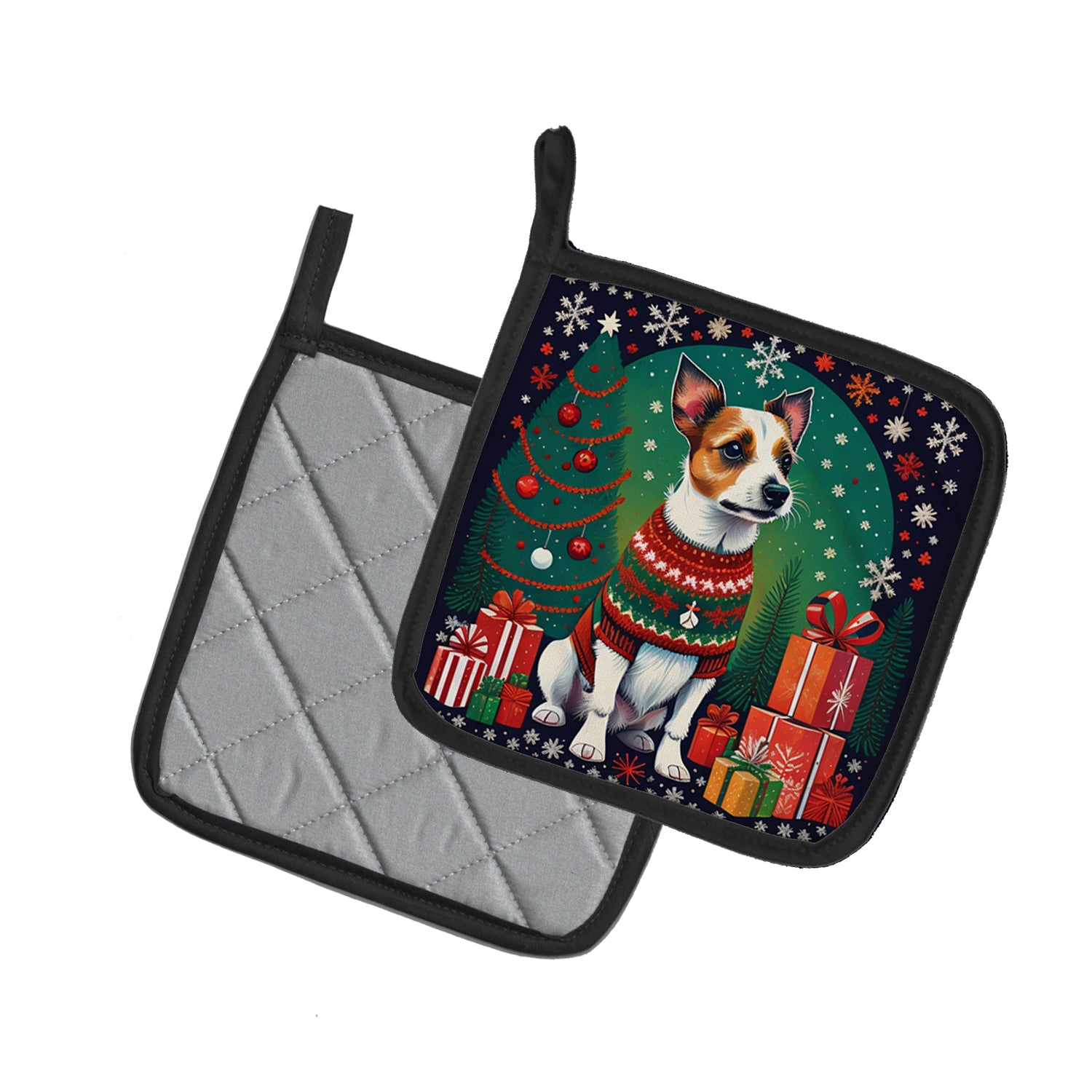 Jack Russell Terrier Christmas Pot Holder Set of 2 Heat Resistant Quilted Hot Pads 7.5 x 7.5 Inch, Insulated Kitchen Trivets for Cooking & Baking