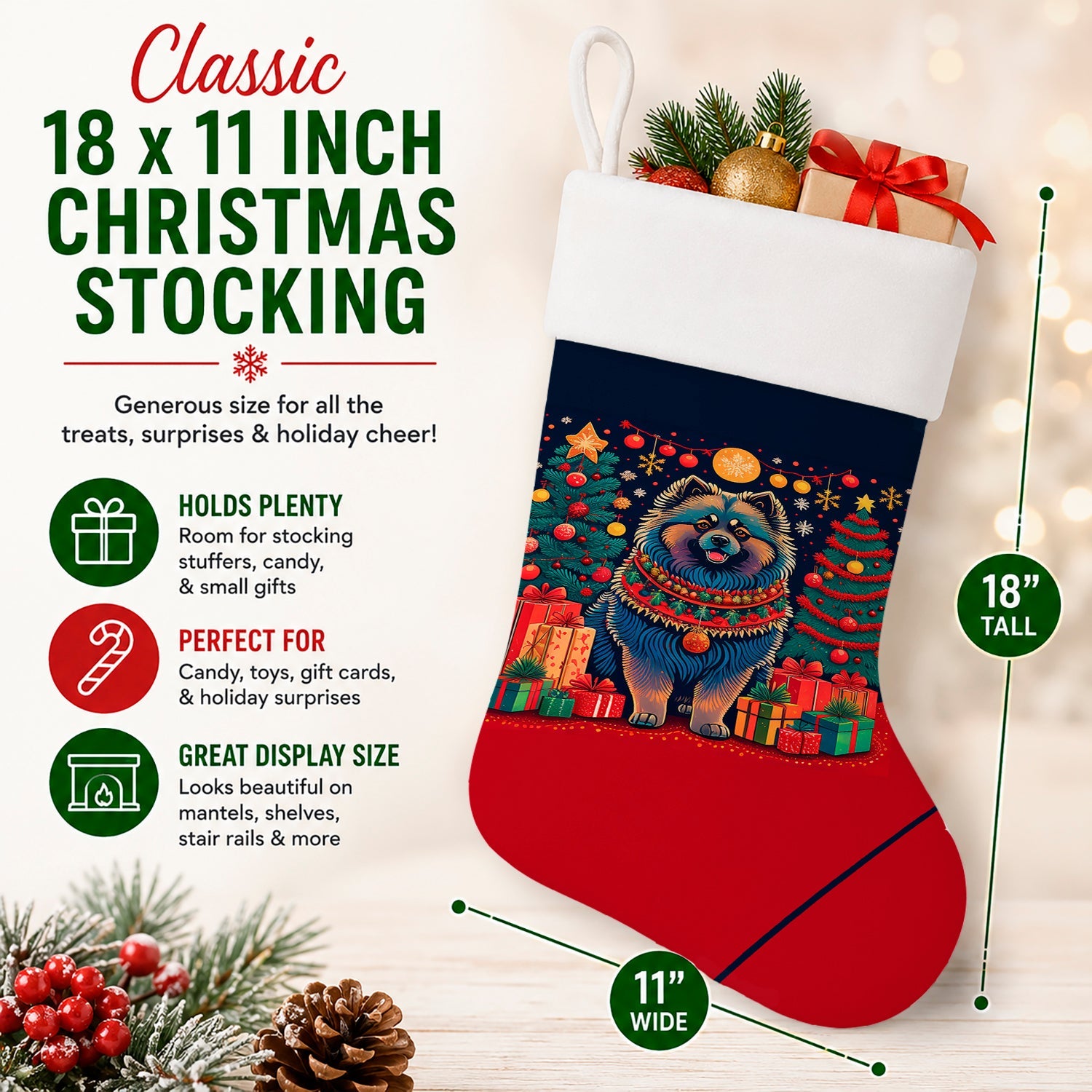 Keeshond Christmas Holiday Stocking Double-Sided Print, Polyester Suede,11x18, Made in USA