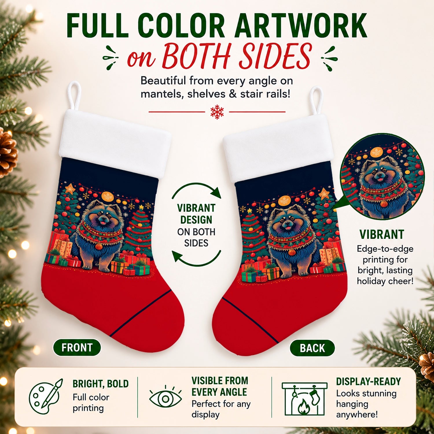 Keeshond Christmas Holiday Stocking Double-Sided Print, Polyester Suede,11x18, Made in USA