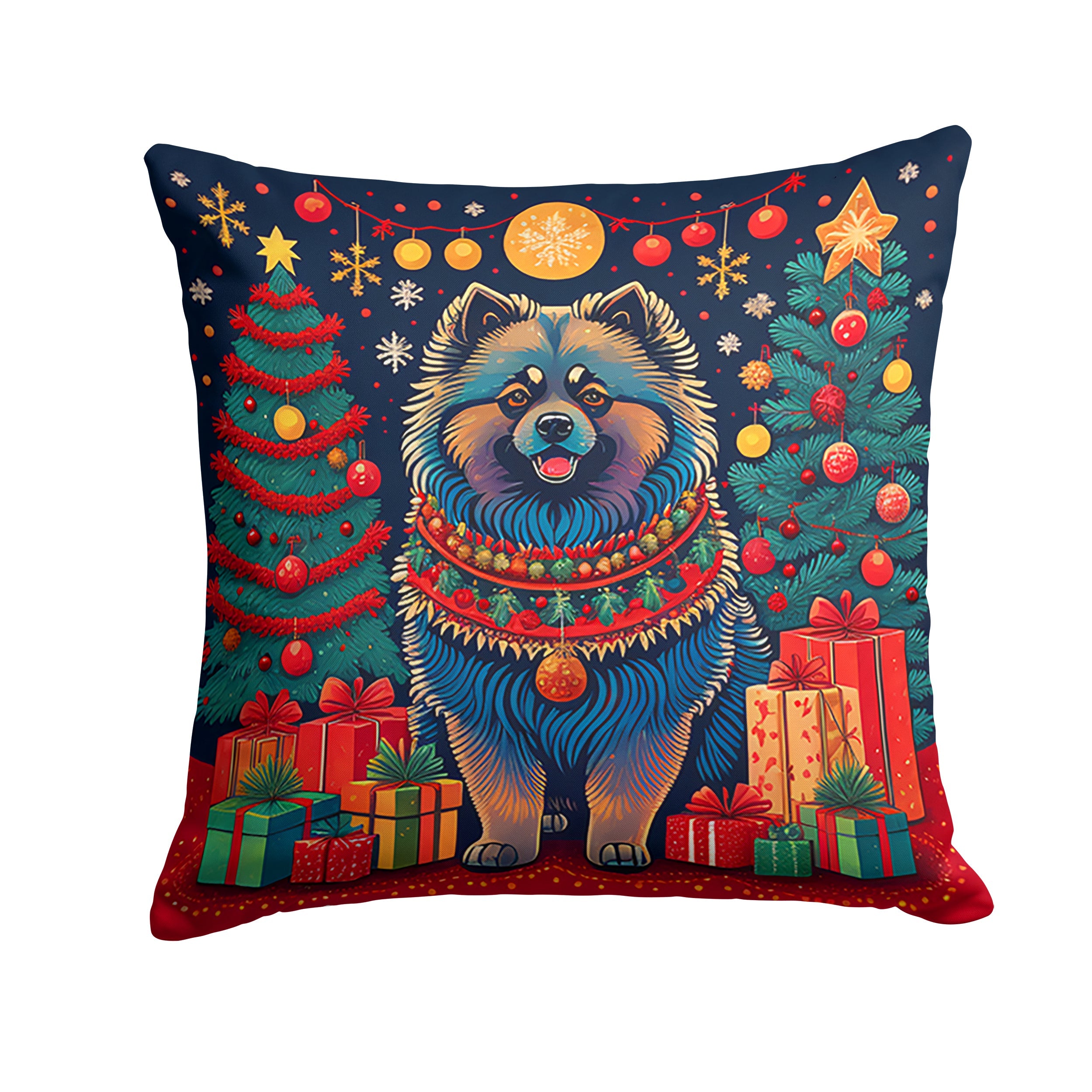 Keeshond Christmas Decorative Throw Pillow 14x14 Indoor Outdoor Accent Cushion, Fabric Cover with Insert for Sofa, Bed, Porch & Living Room