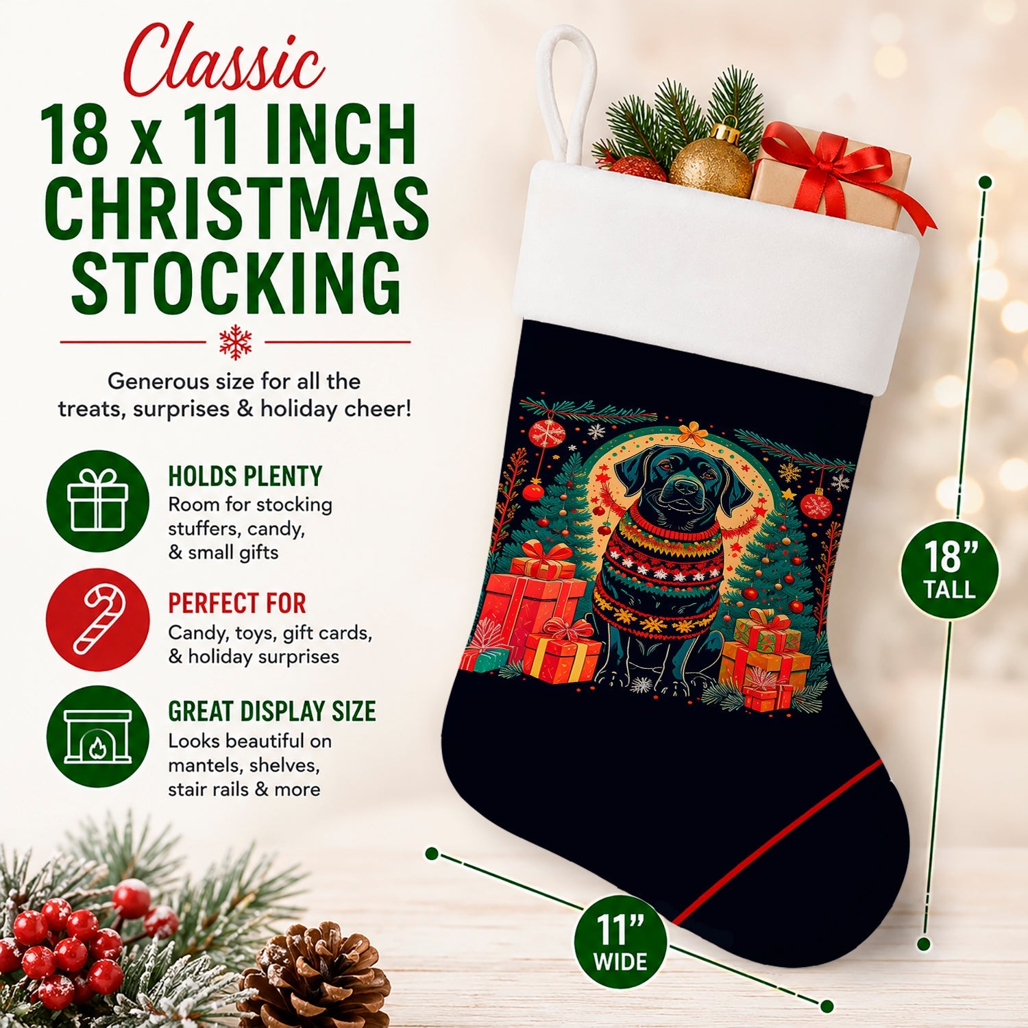 Black Labrador Retriever Christmas Holiday Stocking Double-Sided Print, Polyester Suede,11x18, Made in USA