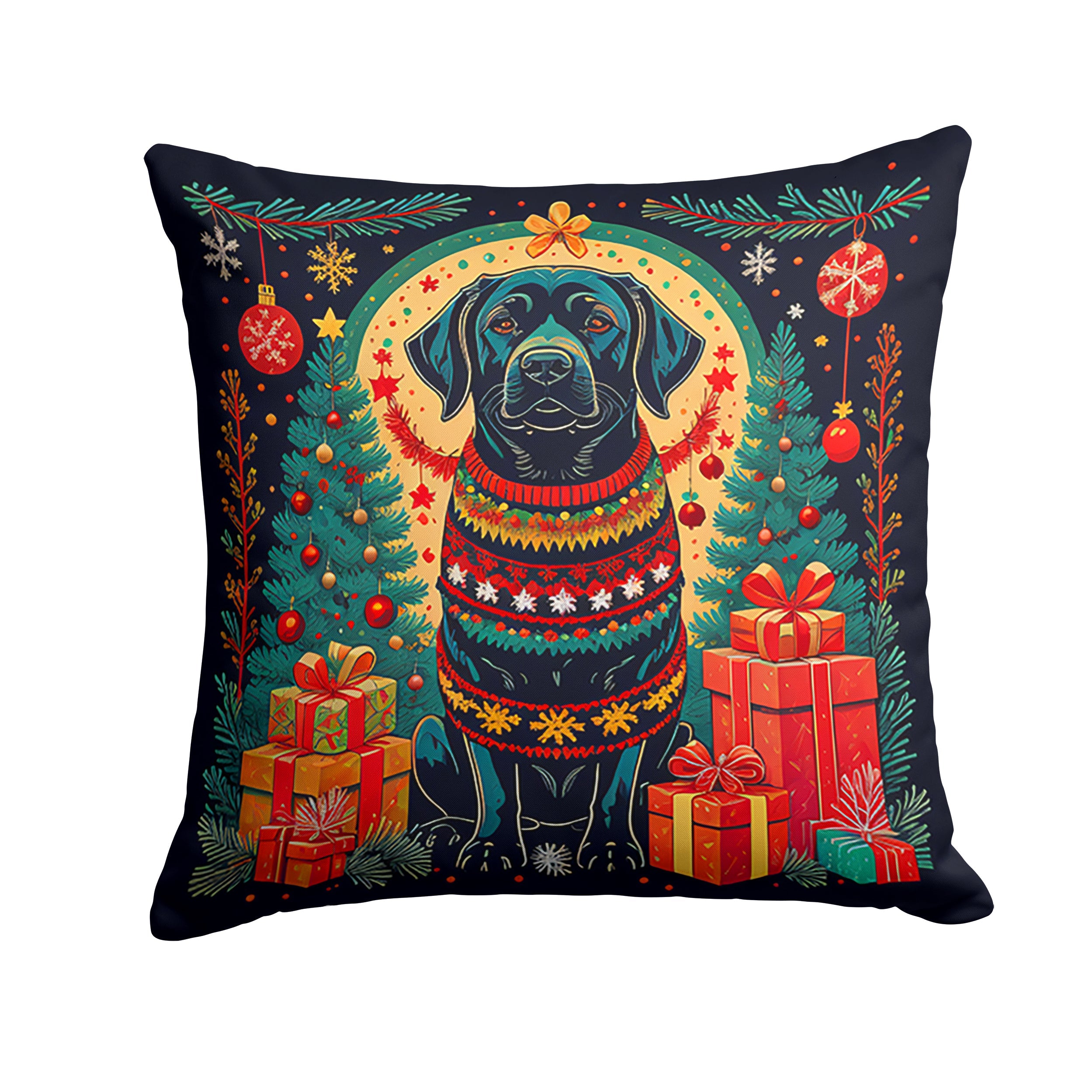 Black Labrador Retriever Christmas Decorative Throw Pillow 14x14 Indoor Outdoor Accent Cushion, Fabric Cover with Insert for Sofa, Bed, Porch & Living Room
