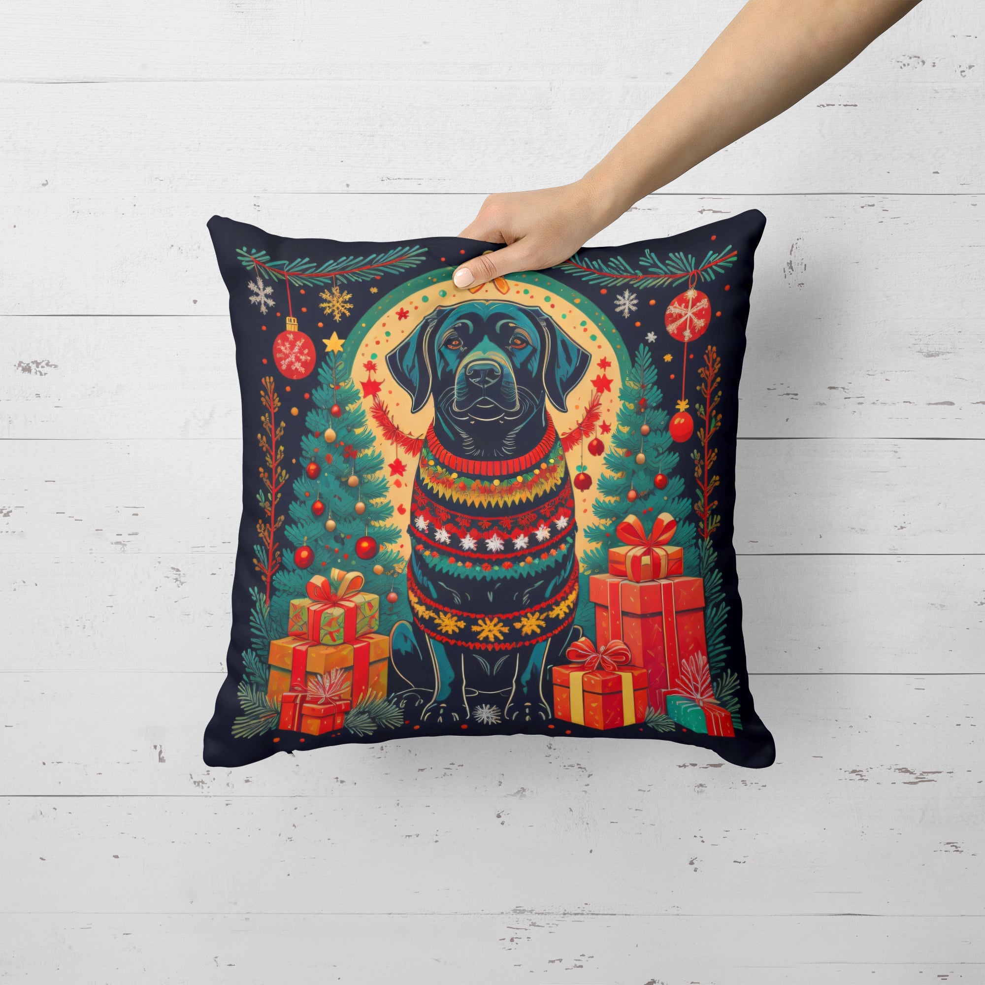 Black Labrador Retriever Christmas Decorative Throw Pillow 14x14 Indoor Outdoor Accent Cushion, Fabric Cover with Insert for Sofa, Bed, Porch & Living Room
