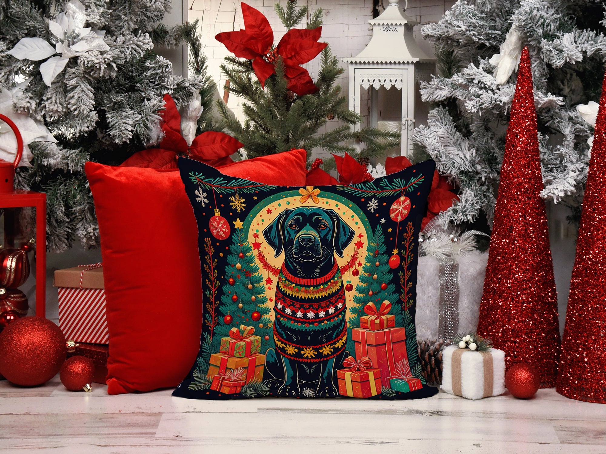 Black Labrador Retriever Christmas Decorative Throw Pillow 18x18 Indoor Outdoor Accent Cushion, Fabric Cover with Insert for Sofa, Bed, Porch & Living Room