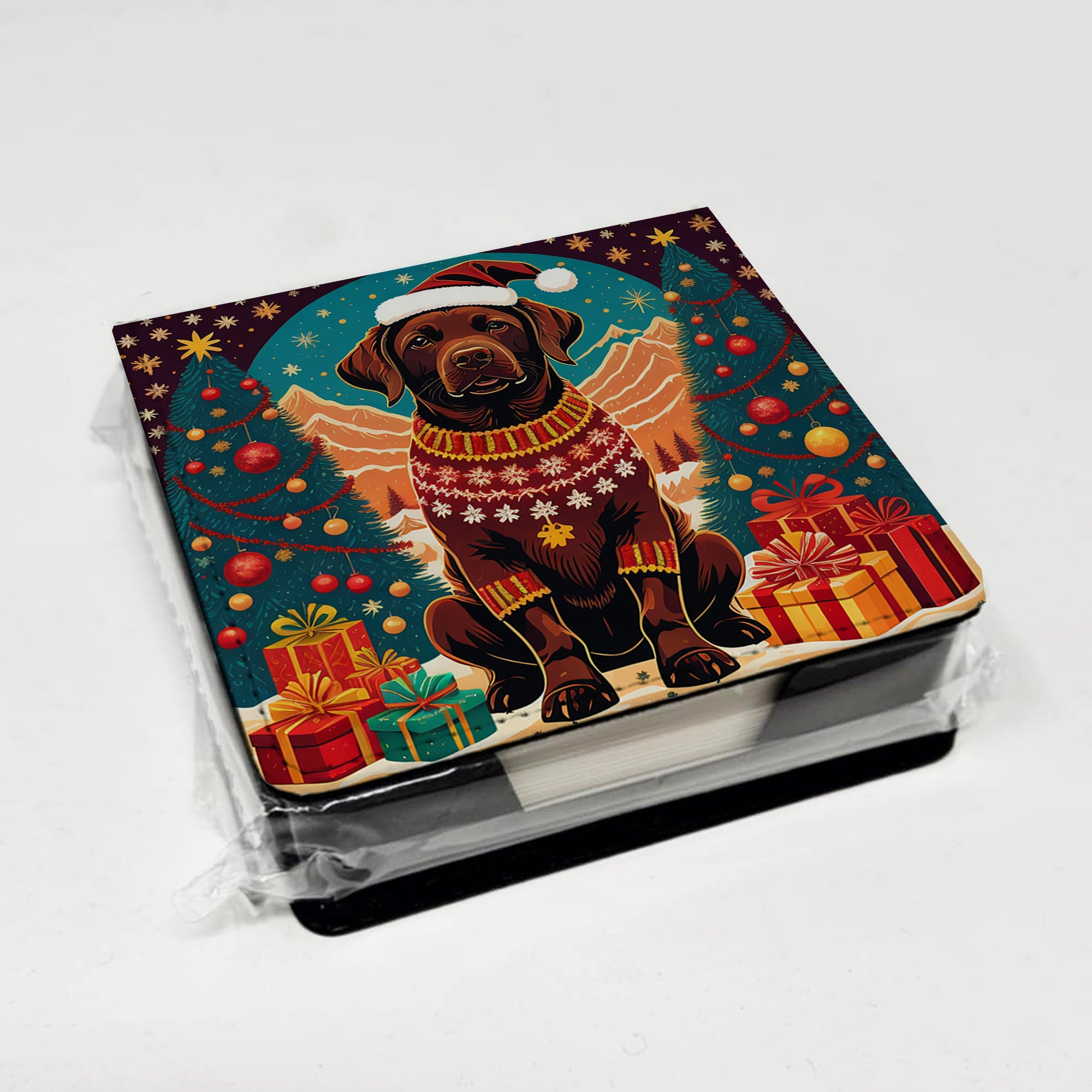 Chocolate Labrador Retriever Christmas PU Leather Note Paper Holder with Artist-Designed Cover, Desk Accessory, Office Gift