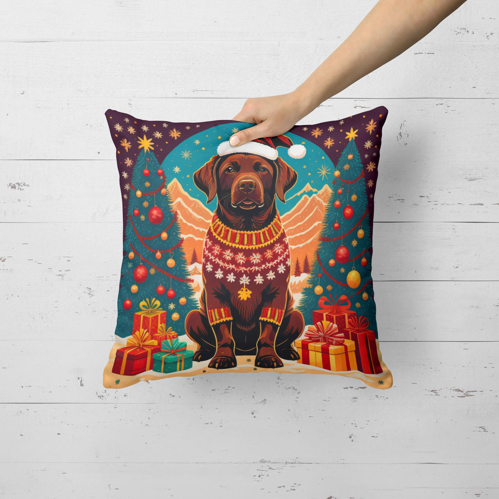 Chocolate Labrador Retriever Christmas Decorative Throw Pillow 14x14 Indoor Outdoor Accent Cushion, Fabric Cover with Insert for Sofa, Bed, Porch & Living Room