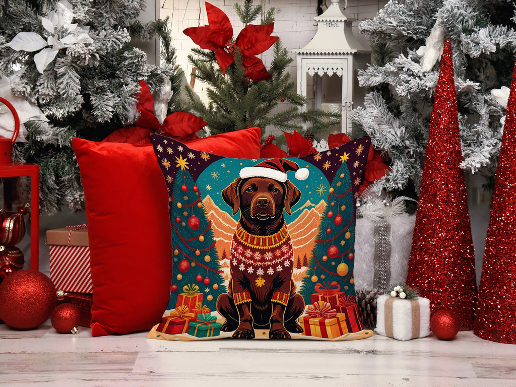 Chocolate Labrador Retriever Christmas Decorative Throw Pillow 18x18 Indoor Outdoor Accent Cushion, Fabric Cover with Insert for Sofa, Bed, Porch & Living Room