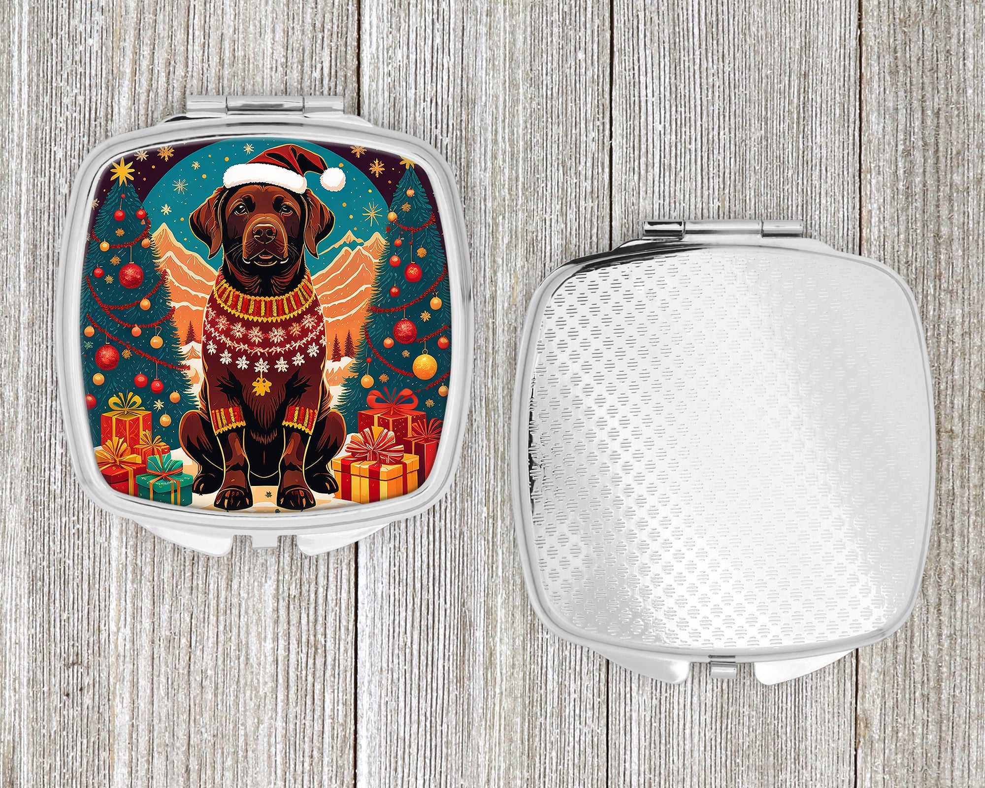 Chocolate Labrador Retriever Christmas Compact Mirror Decorative Travel Makeup Mirror for Women Girls Gifts Pocket Makeup Mirror Folding Handheld