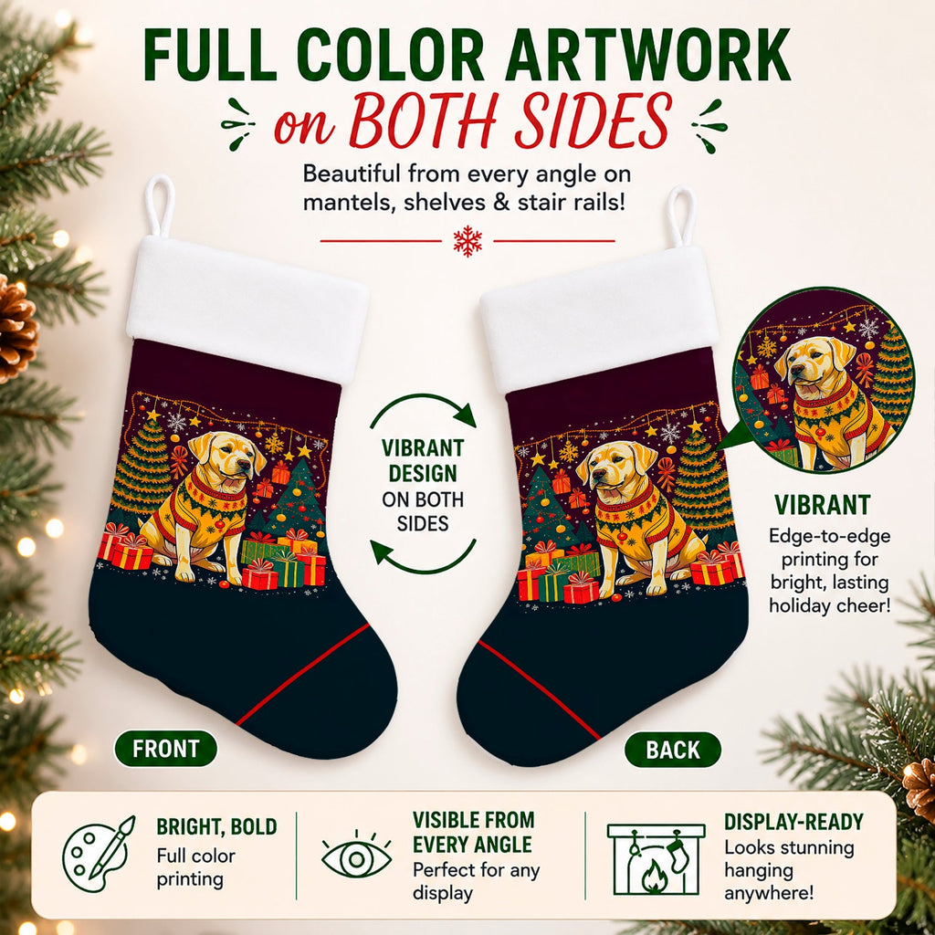 Yellow Labrador Retriever Christmas Holiday Stocking Double-Sided Print, Polyester Suede,11x18, Made in USA