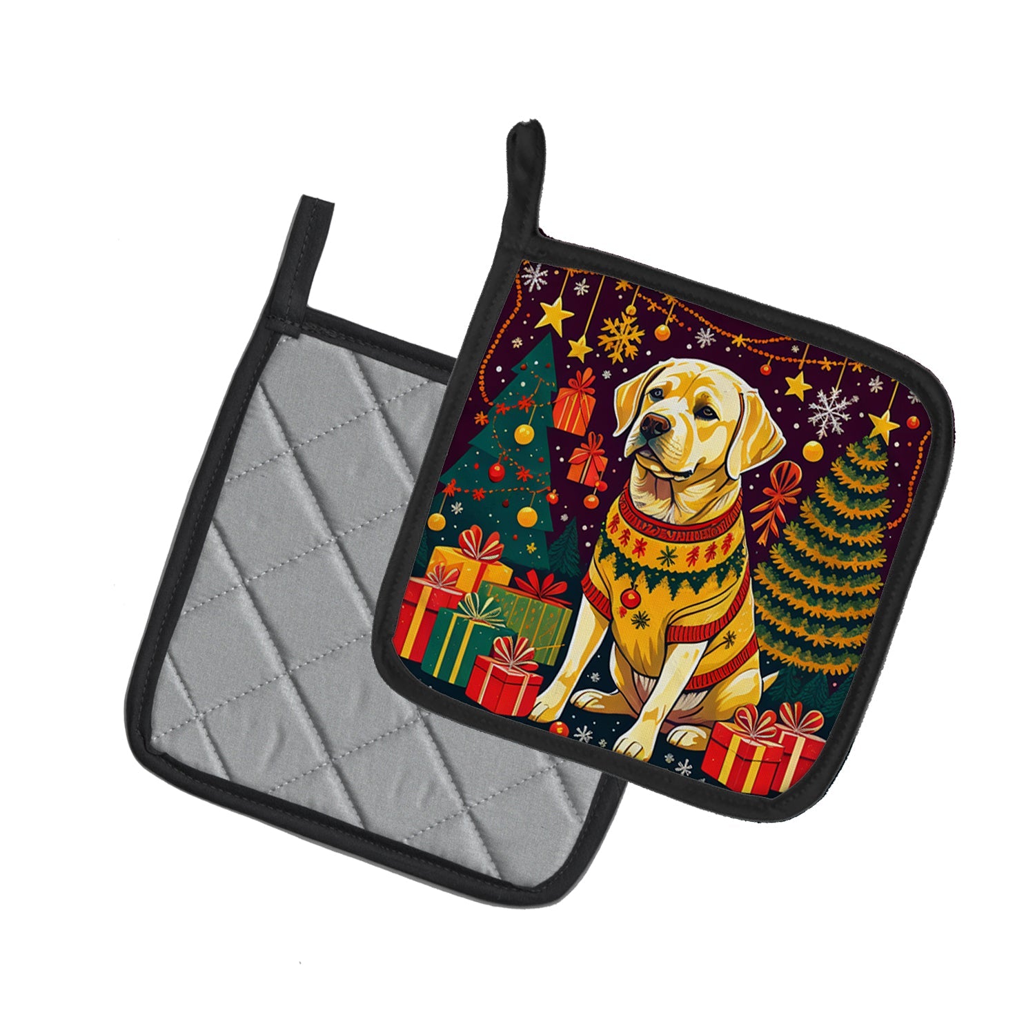 Yellow Labrador Retriever Christmas Pot Holder Set of 2 Heat Resistant Quilted Hot Pads 7.5 x 7.5 Inch, Insulated Kitchen Trivets for Cooking & Baking