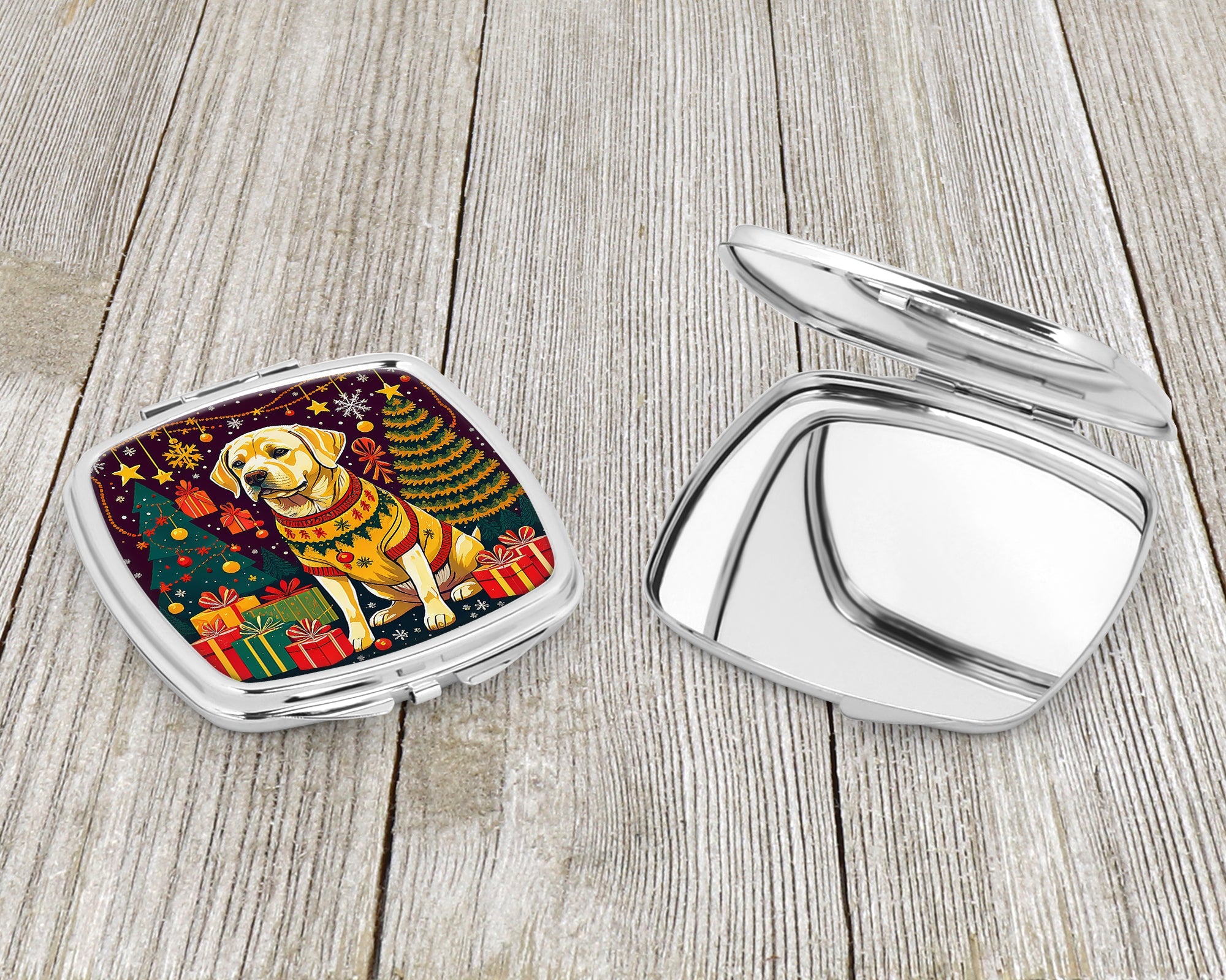 Yellow Labrador Retriever Christmas Compact Mirror Decorative Travel Makeup Mirror for Women Girls Gifts Pocket Makeup Mirror Folding Handheld
