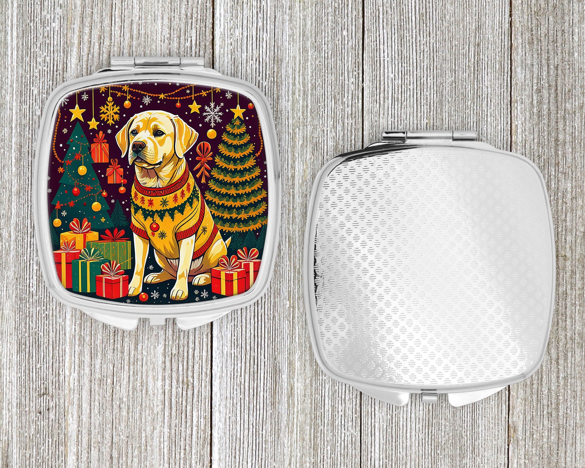 Yellow Labrador Retriever Christmas Compact Mirror Decorative Travel Makeup Mirror for Women Girls Gifts Pocket Makeup Mirror Folding Handheld