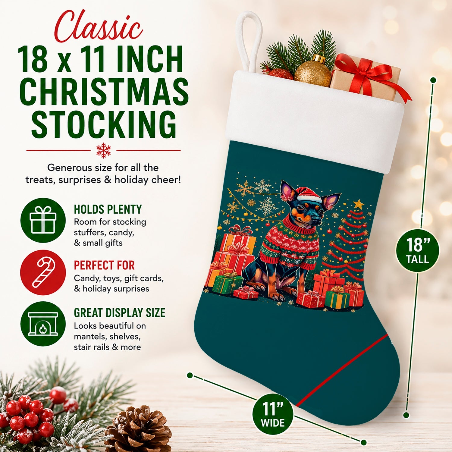 Miniature Pinscher Christmas Holiday Stocking Double-Sided Print, Polyester Suede,11x18, Made in USA