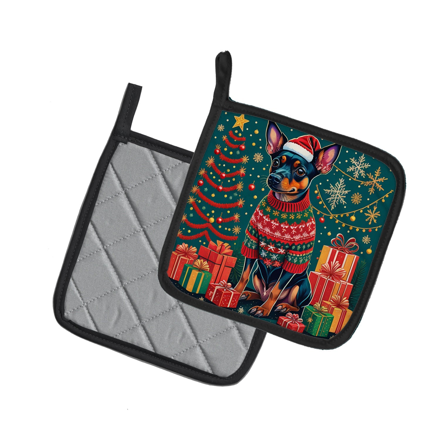 Miniature Pinscher Christmas Pot Holder Set of 2 Heat Resistant Quilted Hot Pads 7.5 x 7.5 Inch, Insulated Kitchen Trivets for Cooking & Baking