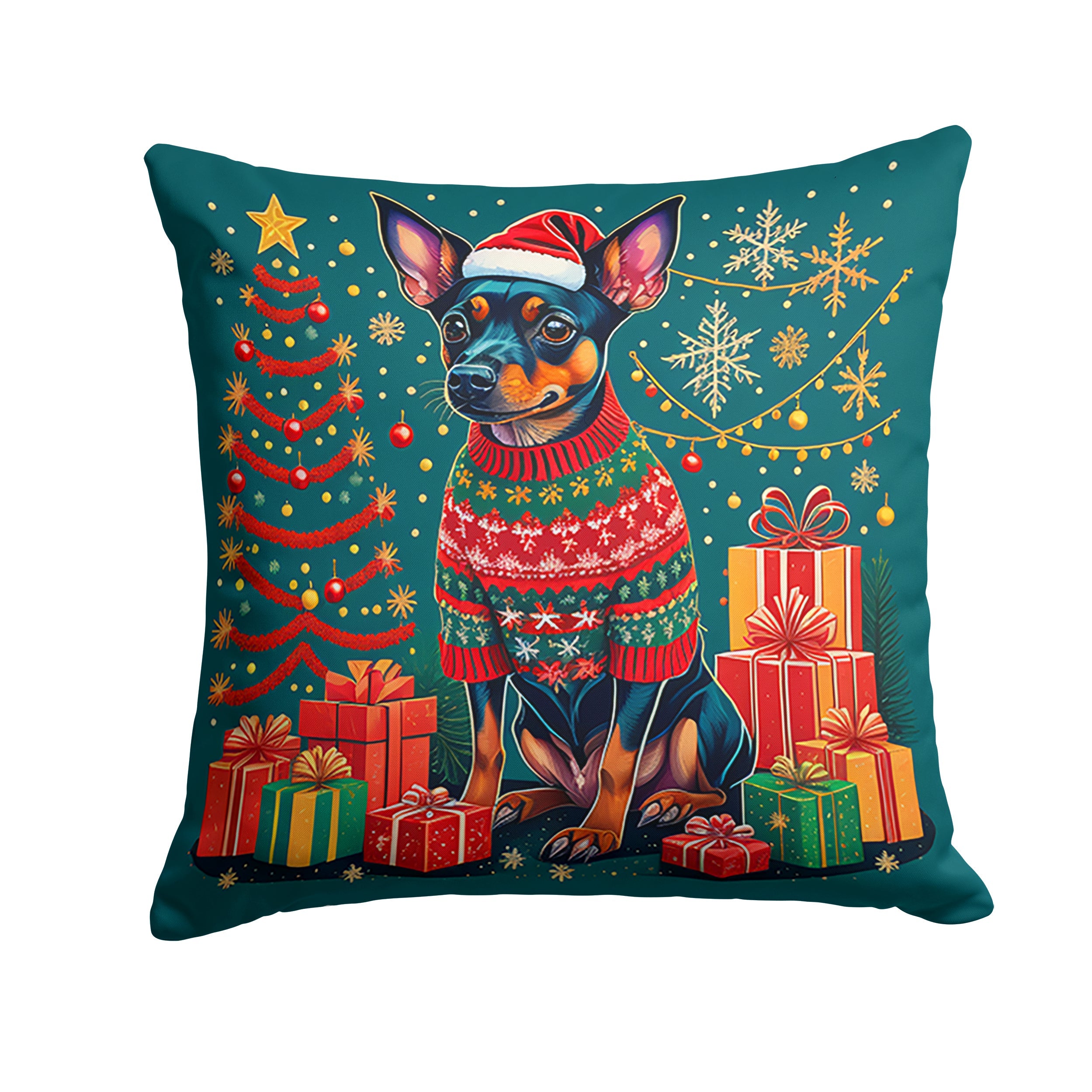 Miniature Pinscher Christmas Decorative Throw Pillow 14x14 Indoor Outdoor Accent Cushion, Fabric Cover with Insert for Sofa, Bed, Porch & Living Room