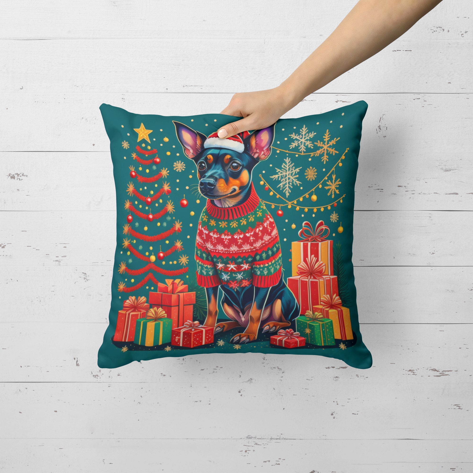 Miniature Pinscher Christmas Decorative Throw Pillow 14x14 Indoor Outdoor Accent Cushion, Fabric Cover with Insert for Sofa, Bed, Porch & Living Room