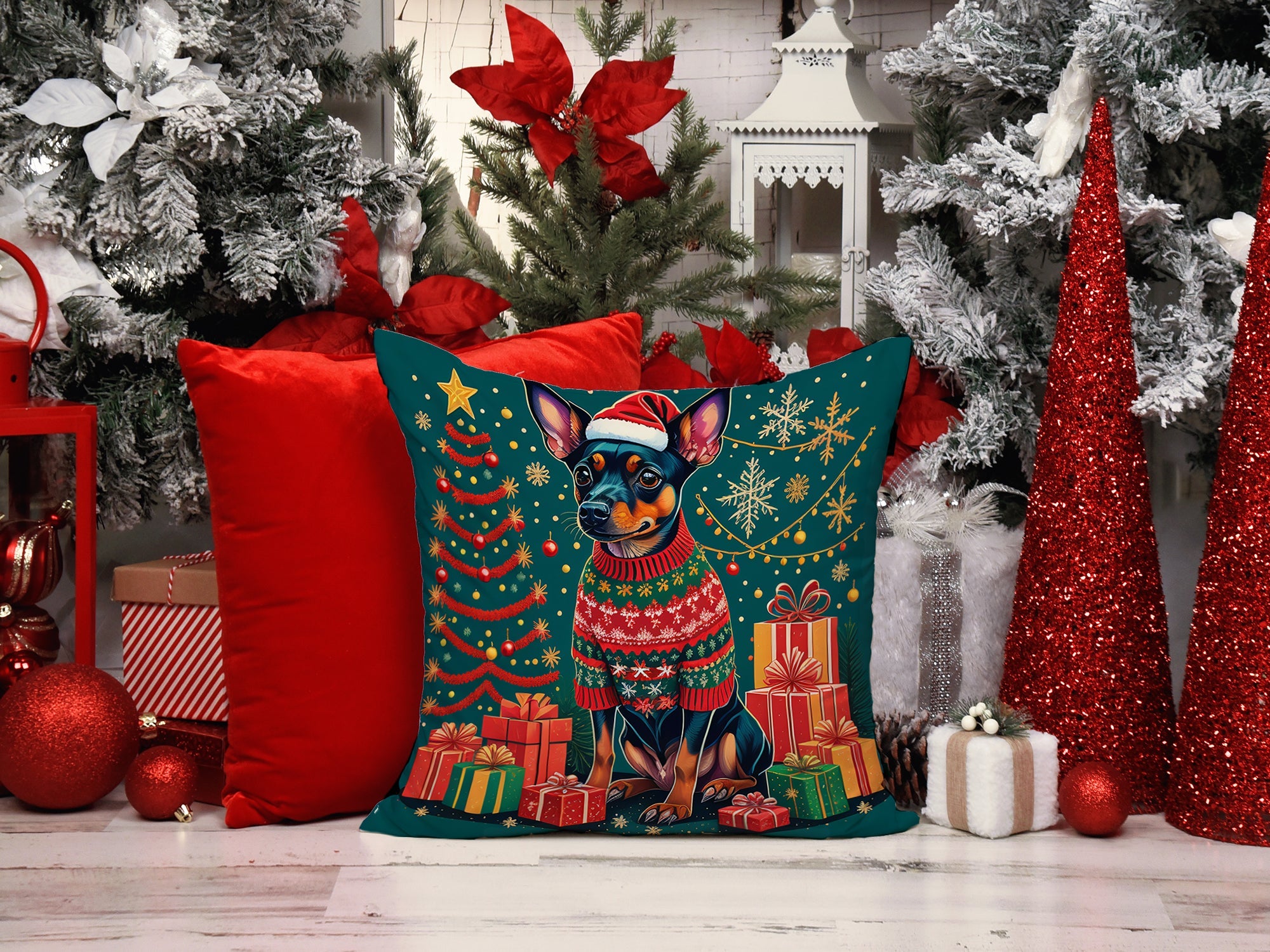 Miniature Pinscher Christmas Decorative Throw Pillow 14x14 Indoor Outdoor Accent Cushion, Fabric Cover with Insert for Sofa, Bed, Porch & Living Room