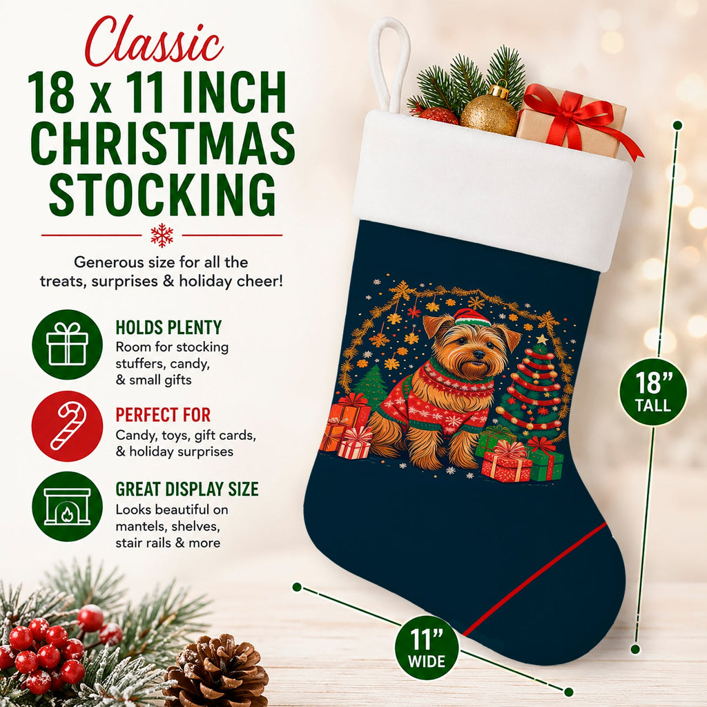 Norfolk Terrier Christmas Holiday Stocking Double-Sided Print, Polyester Suede,11x18, Made in USA