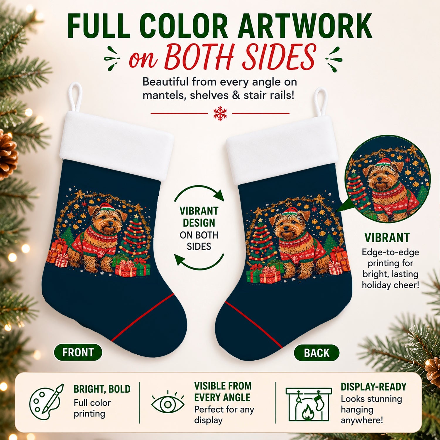 Norfolk Terrier Christmas Holiday Stocking Double-Sided Print, Polyester Suede,11x18, Made in USA
