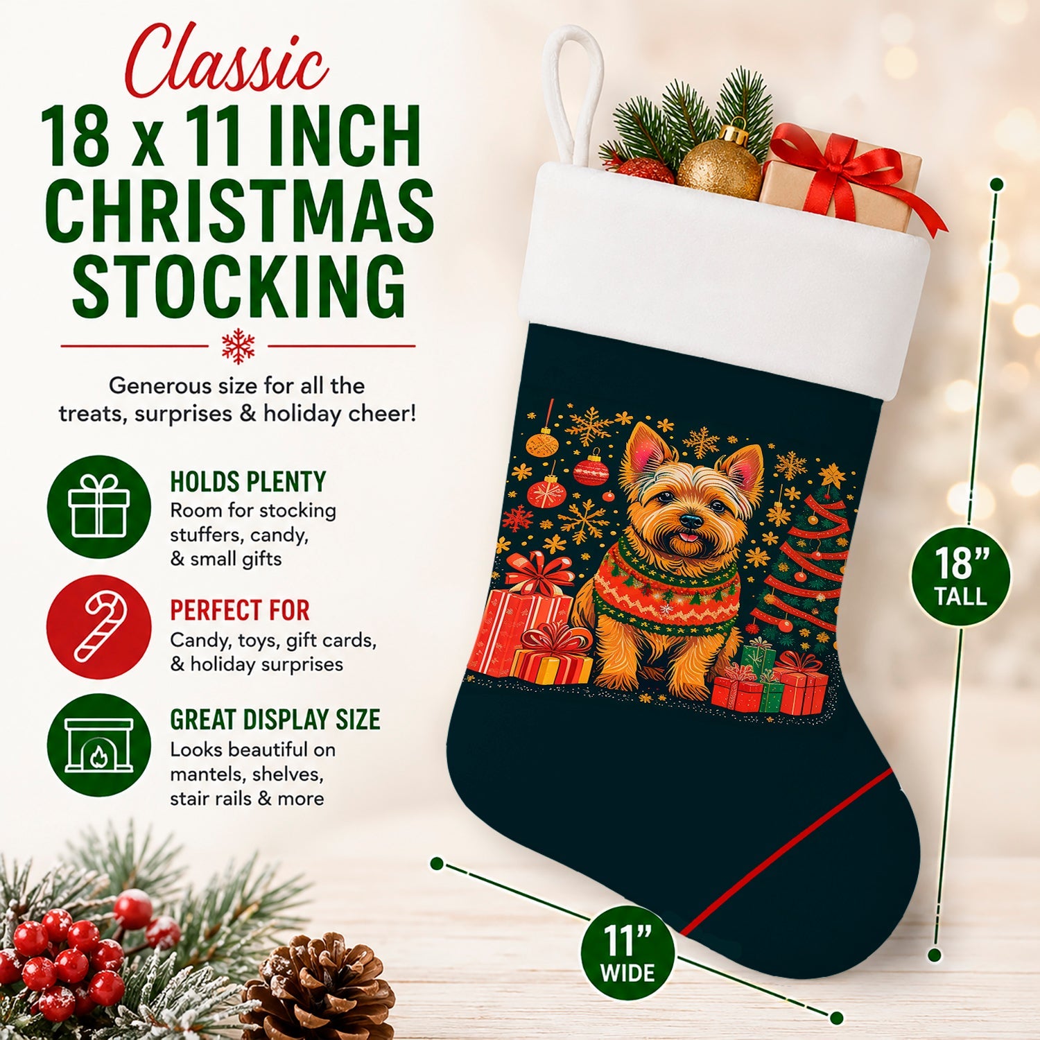 Norwich Terrier Christmas Holiday Stocking Double-Sided Print, Polyester Suede,11x18, Made in USA