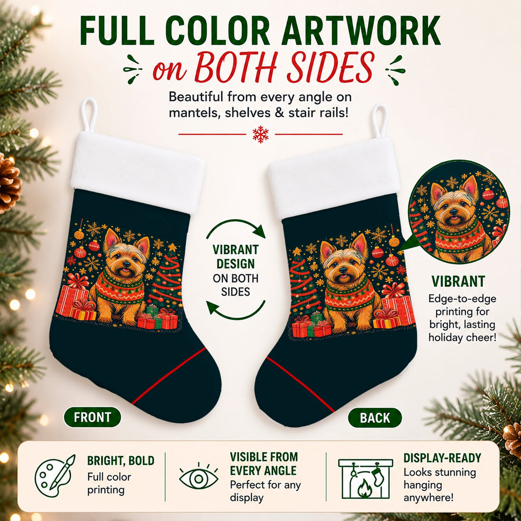 Norwich Terrier Christmas Holiday Stocking Double-Sided Print, Polyester Suede,11x18, Made in USA