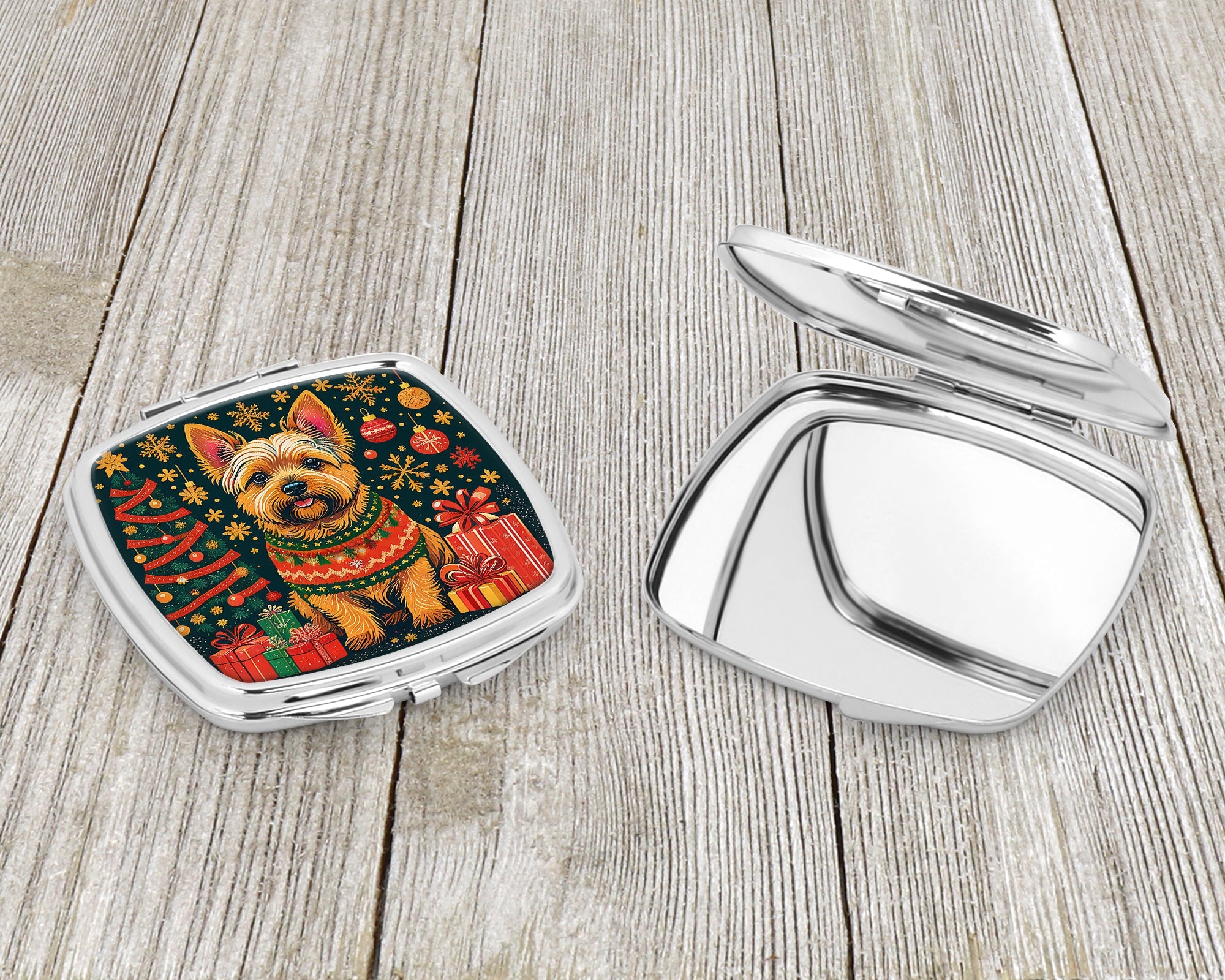 Norwich Terrier Christmas Compact Mirror Decorative Travel Makeup Mirror for Women Girls Gifts Pocket Makeup Mirror Folding Handheld