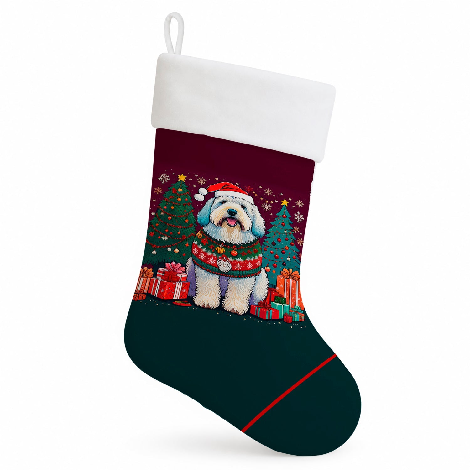 Old English Sheepdog Christmas Holiday Stocking Double-Sided Print, Polyester Suede,11x18, Made in USA