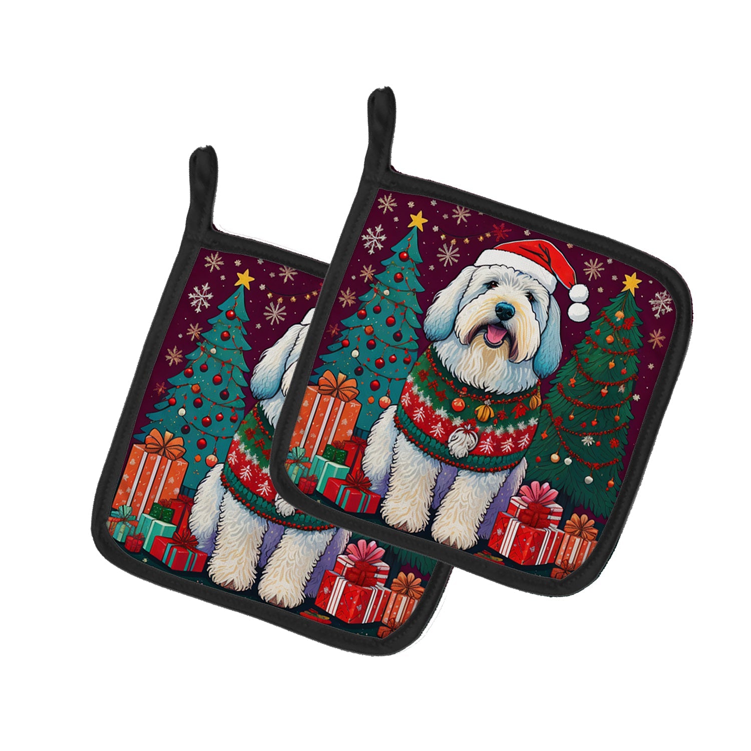 Old English Sheepdog Christmas Pot Holder Set of 2 Heat Resistant Quilted Hot Pads 7.5 x 7.5 Inch, Insulated Kitchen Trivets for Cooking & Baking
