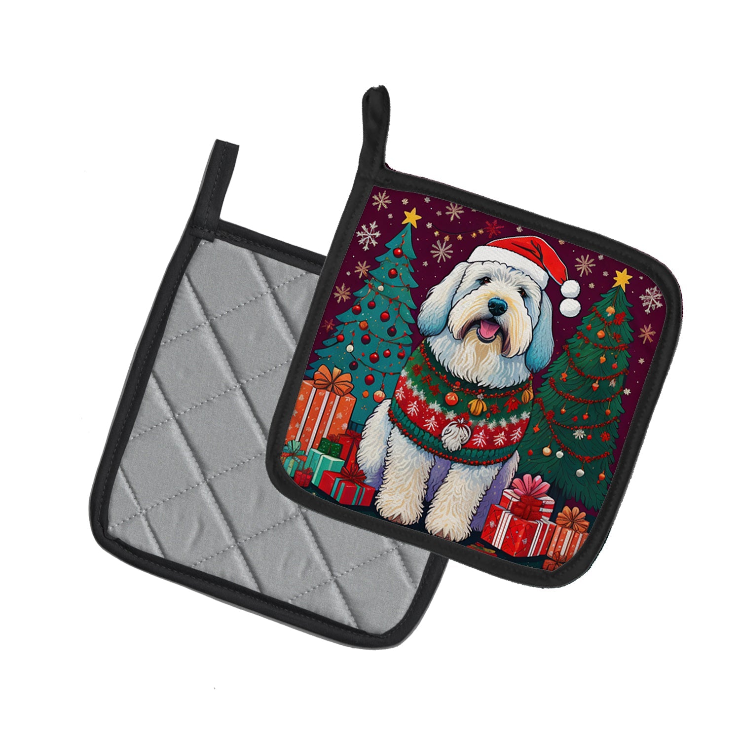 Old English Sheepdog Christmas Pot Holder Set of 2 Heat Resistant Quilted Hot Pads 7.5 x 7.5 Inch, Insulated Kitchen Trivets for Cooking & Baking